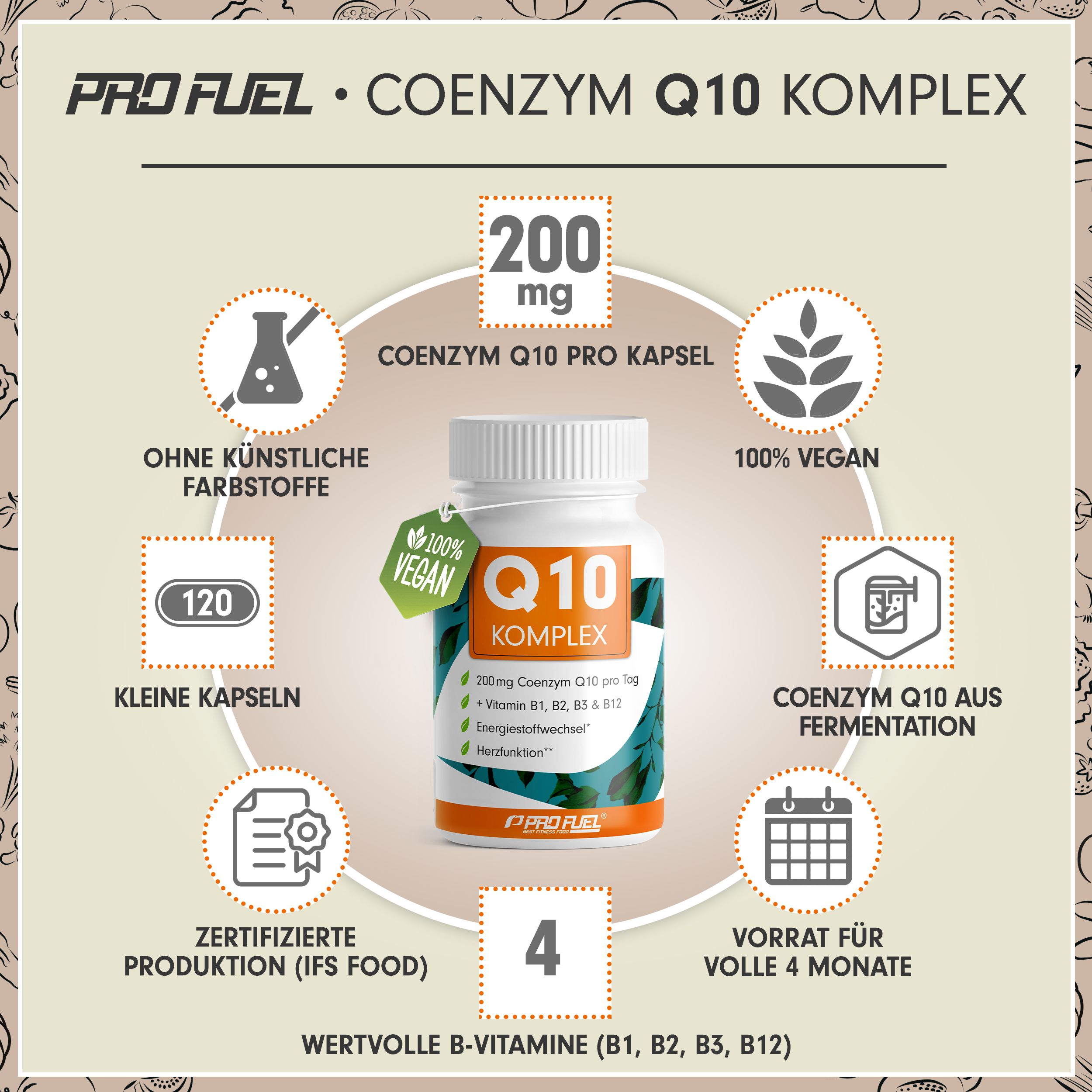 Pro Fuel Coenzym Q10 Komplex: 200mg, 120 Kapseln, 100% vegan, zertifizierte Produktion.