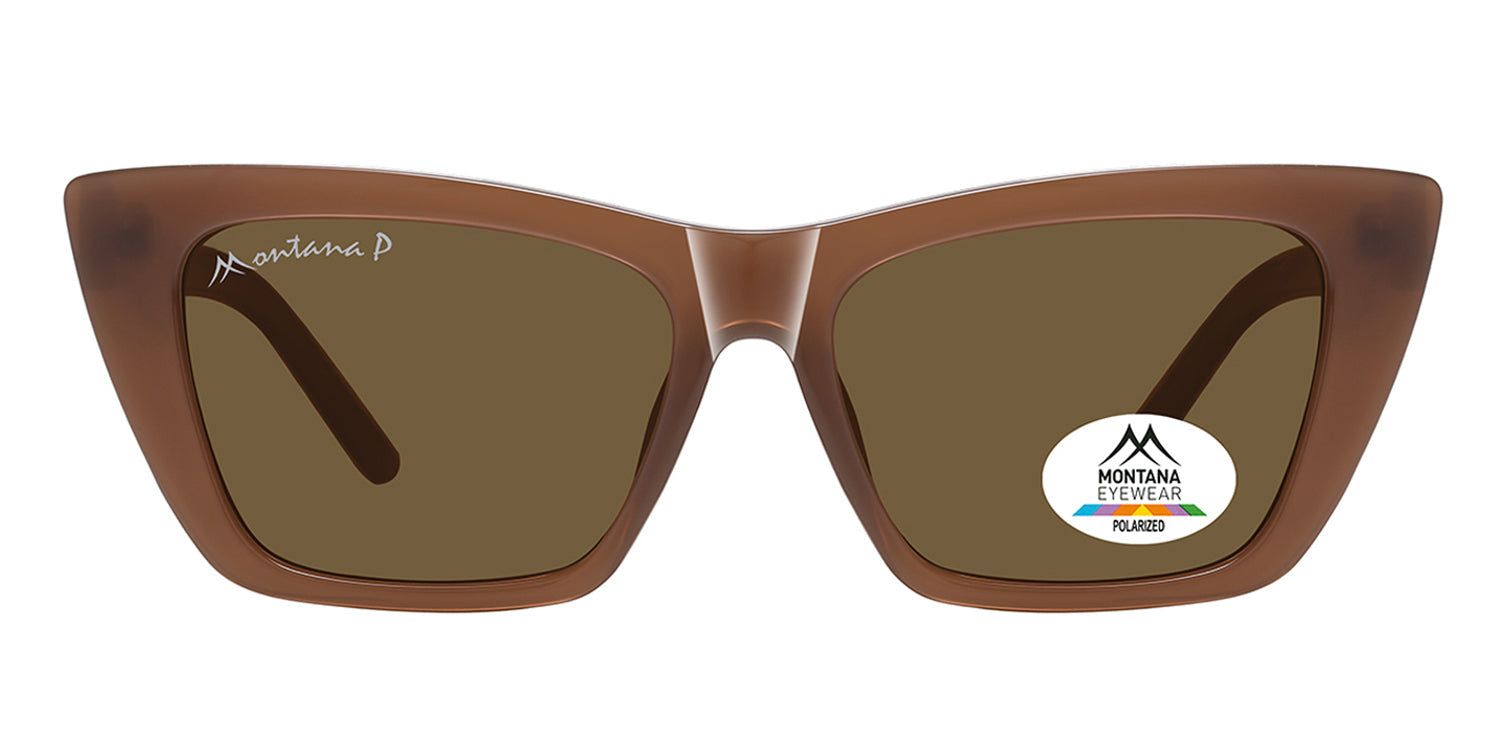 Braune Sonnenbrille mit eckigen Gläsern. Montana Eyewear Logo und Polarized-Aufkleber. Bügel und Rahmen in Braun.