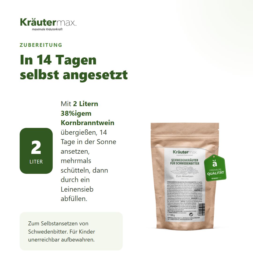 Kräutermax Schwedenkräuter: Zubereitungshinweis 'In 14 Tagen selbst angesetzt' mit 2 Litern Kornbranntwein.