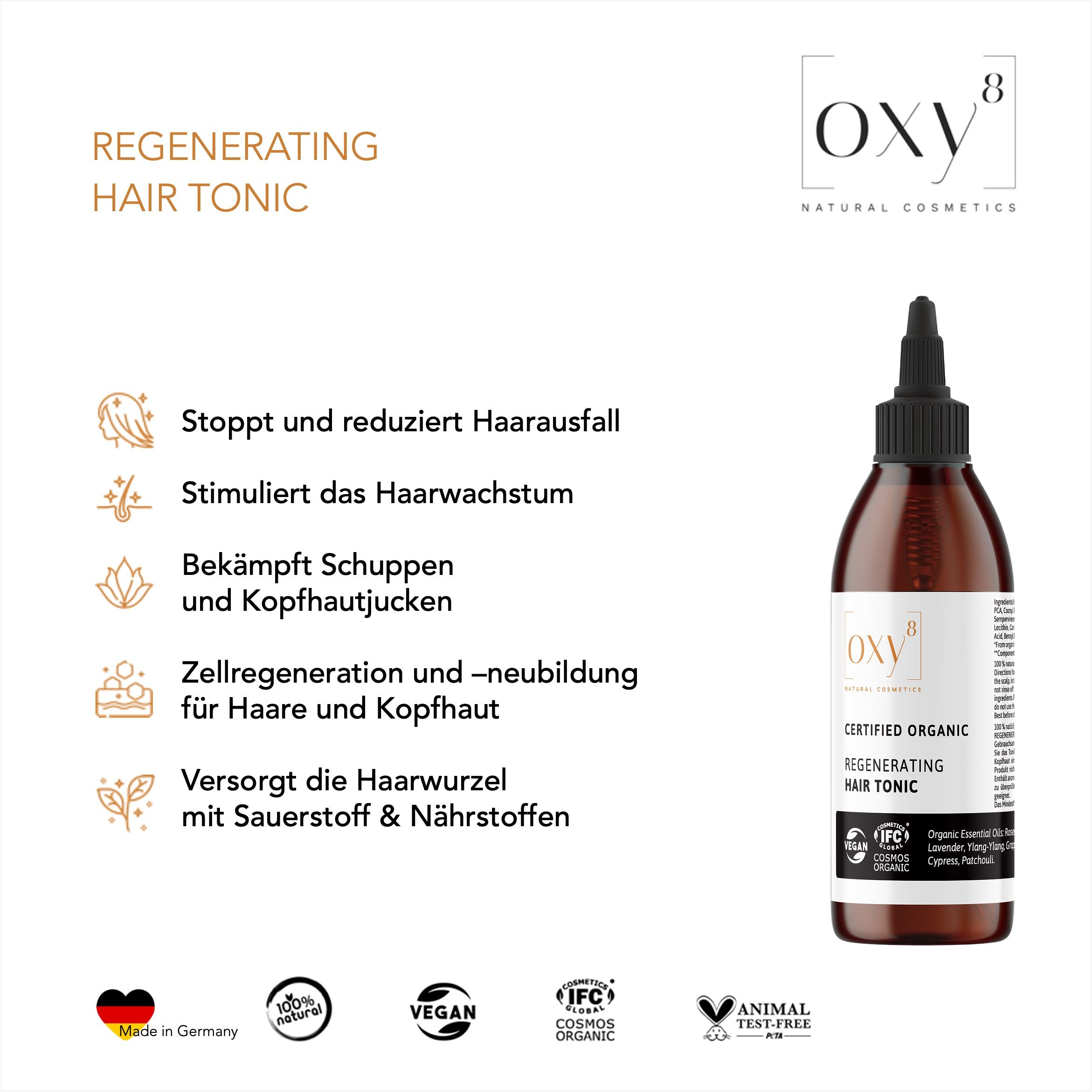 oxy8 Naturkosmetik REGENERATING HAIR TONIC – Haartonikum. Stoppt Haarausfall. Für vitalen Haarwuchs