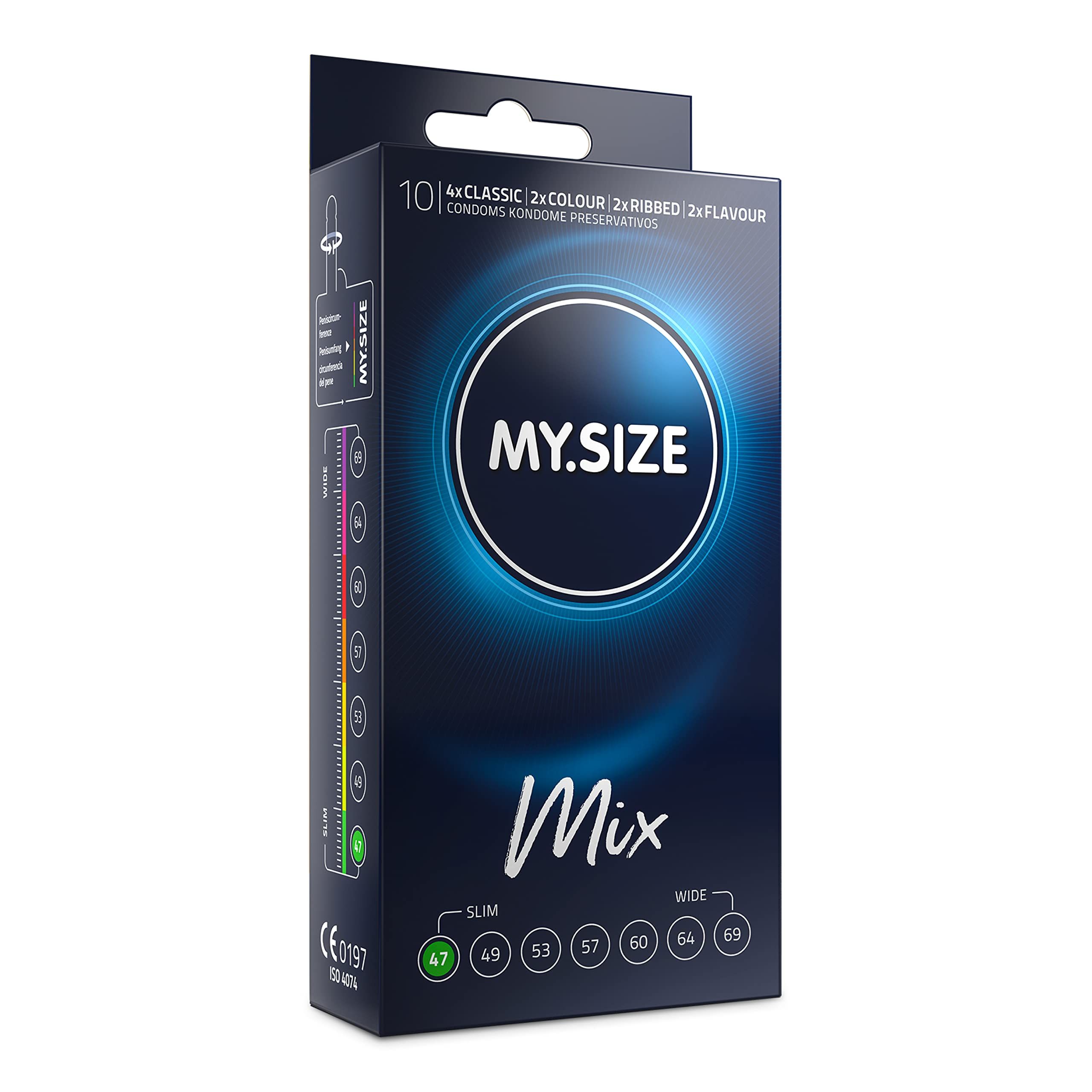 My.Size blauer Kondom, 0,07mm dünn, aus Naturlatex, 4 Varianten.