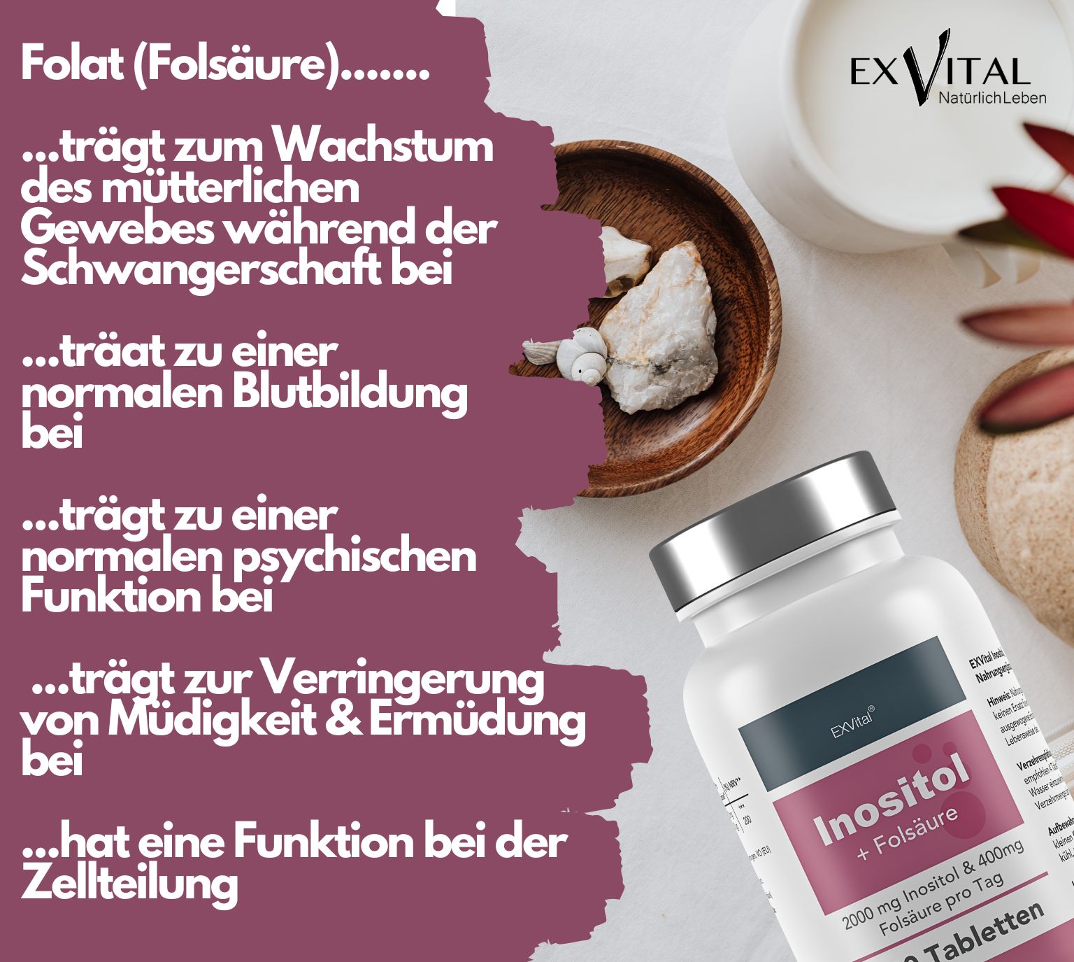 Flasche EXVital Inositol + Folsäure, 180 Tabletten. Text: Folat (Folsäure) trägt zum Wachstum bei.