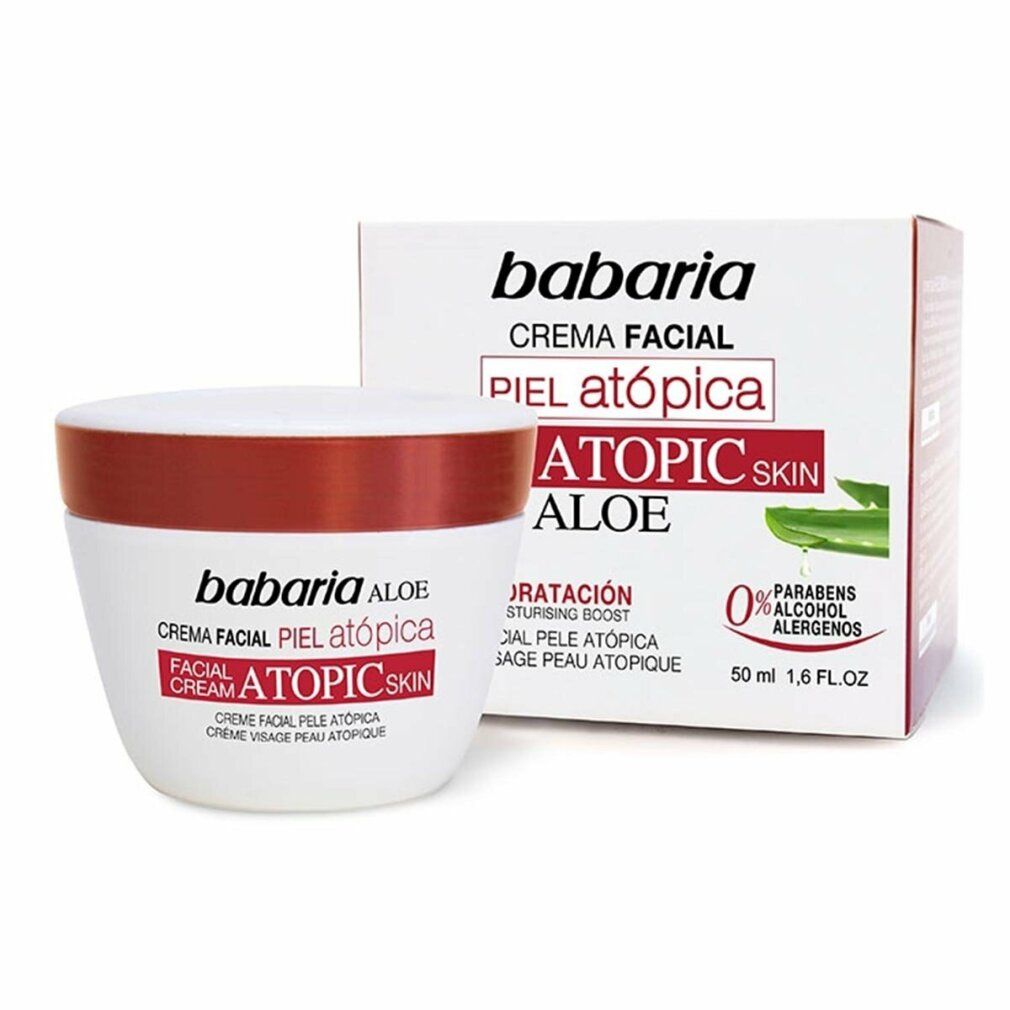 Creme-Tiegel und Schachtel. Aufschrift: Babaria Aloe, Creme Facial, Atopic Skin. 0% Paraben, Alkohol, Allergene.