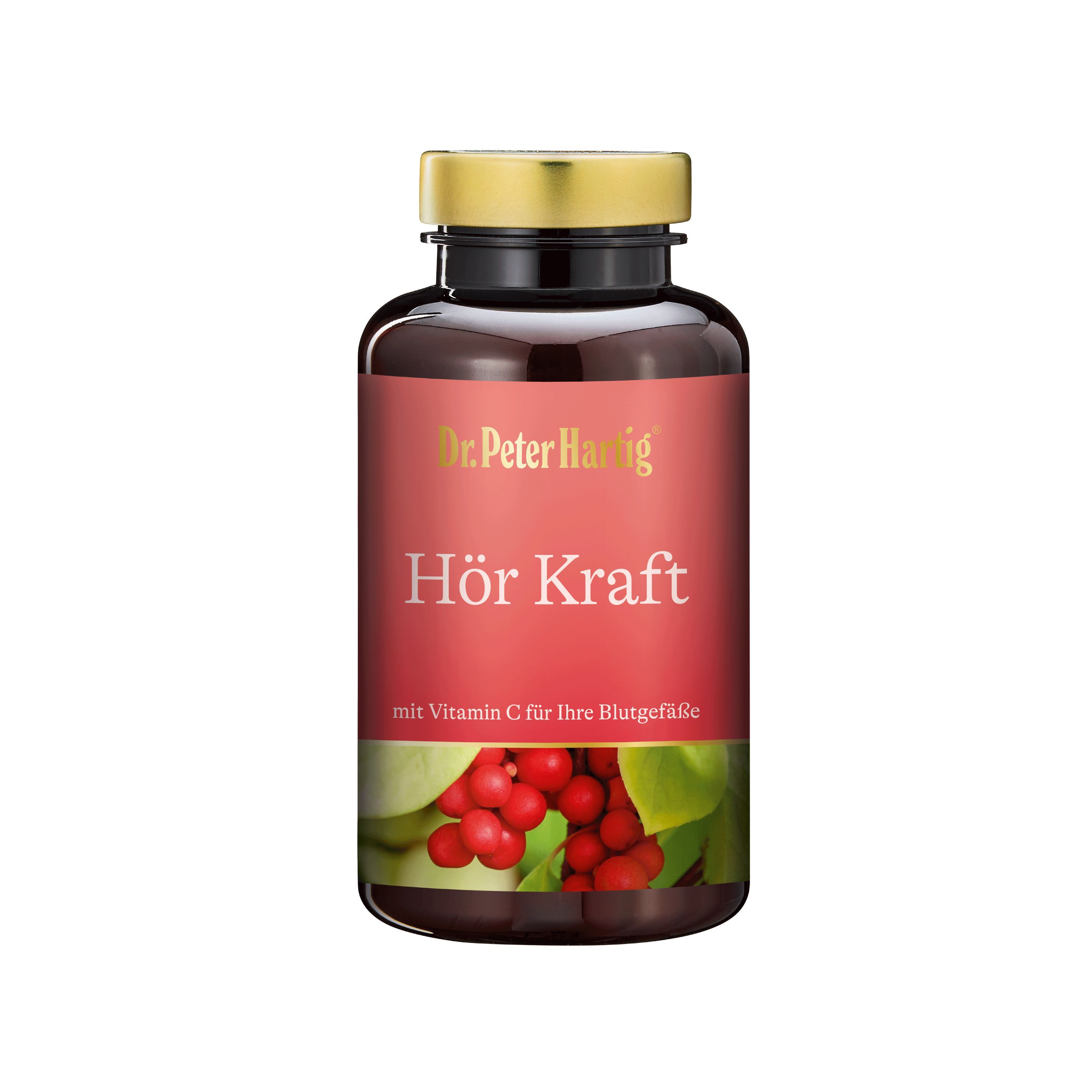 Braune Flasche mit goldfarbenem Deckel. Rotes Etikett mit Produktname und Abbildung von Beeren und Blättern.