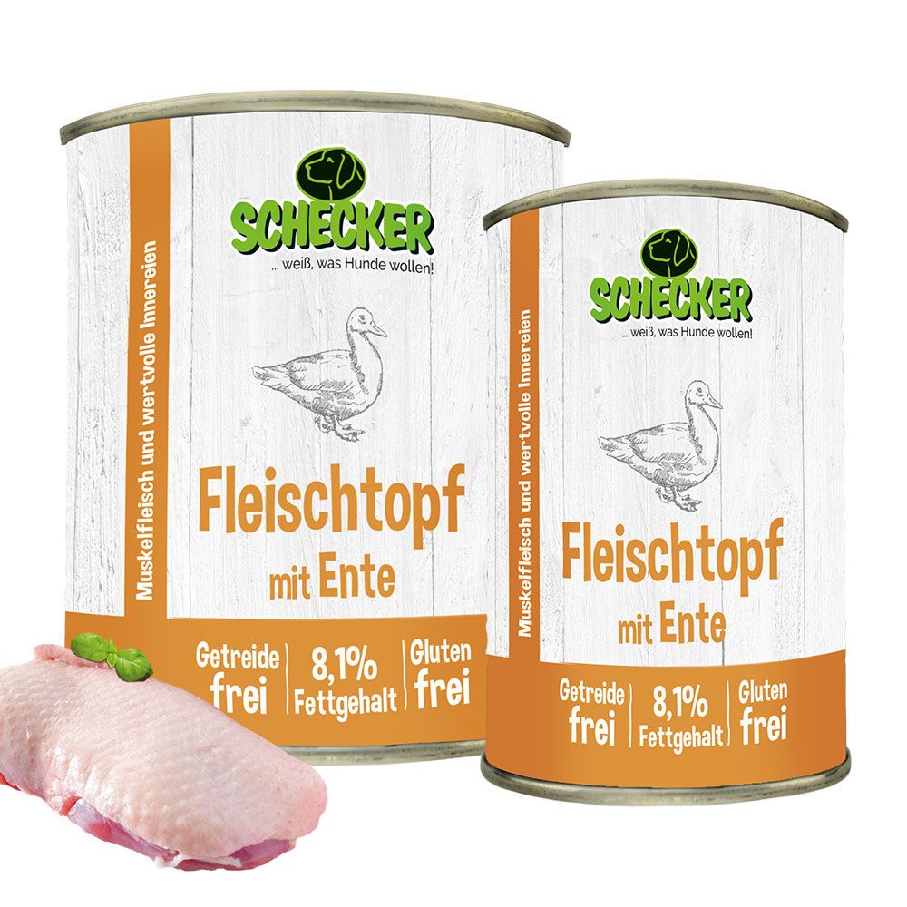 Zwei Dosen Schecker Fleischtopf mit Ente. Etikett mit Text: getreidefrei, glutenfrei. Zeichnung einer Ente. Entefleisch.