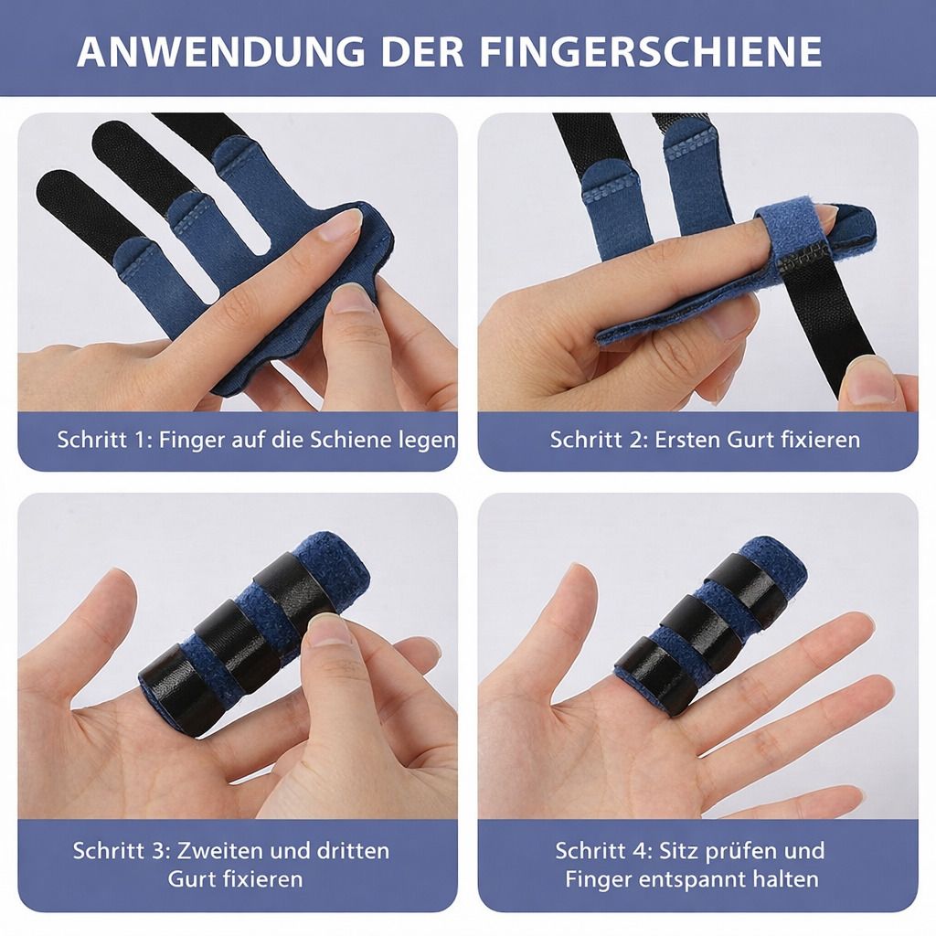 Anleitung zur Anwendung der Fingerschiene. Schritte: Finger auf Schiene legen, ersten Gurt fixieren, Gurte fixieren, Sitz prüfen.