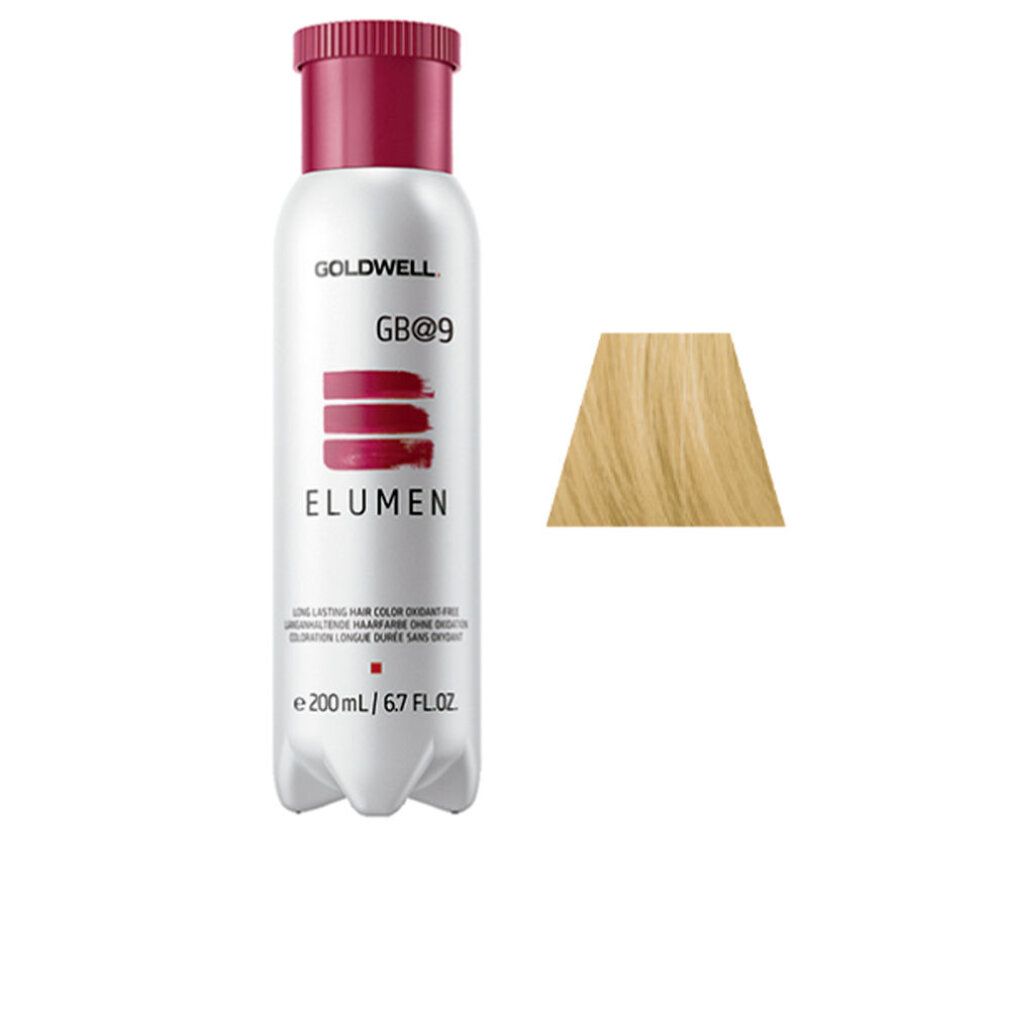Flasche mit Haarfarbe. Goldwell ELUMEN GB@9. Farbprobe daneben.