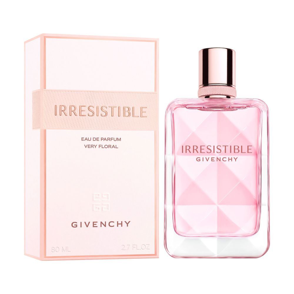 Givenchy Irresistible Eau de Parfum Flakon und Verpackung. Rosa, facettiertes Glas. 80 ml.