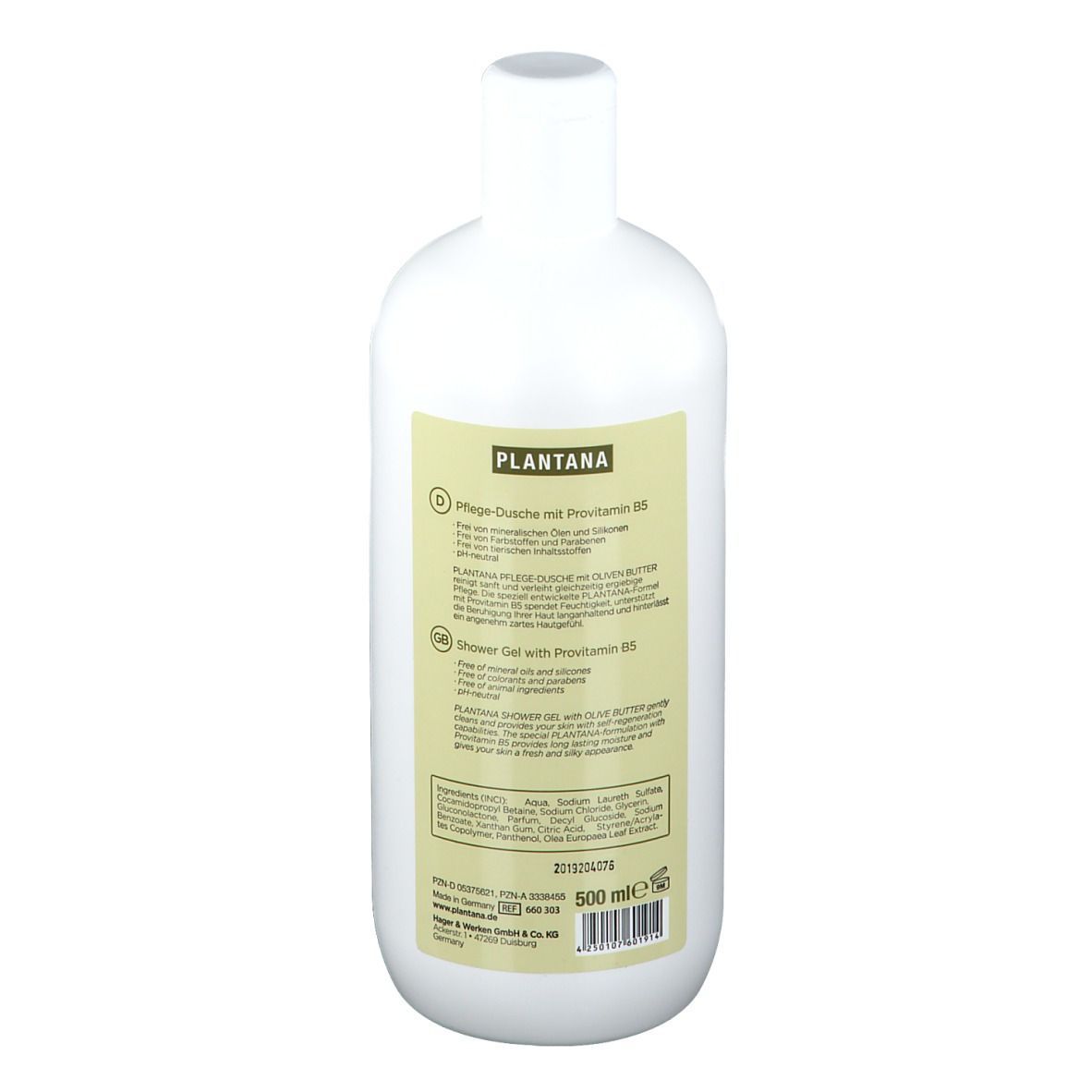 Weiße Flasche mit Etikett. Aufschrift: PLANTANA, Pflege-Dusche mit Provitamin B5. 500 ml.