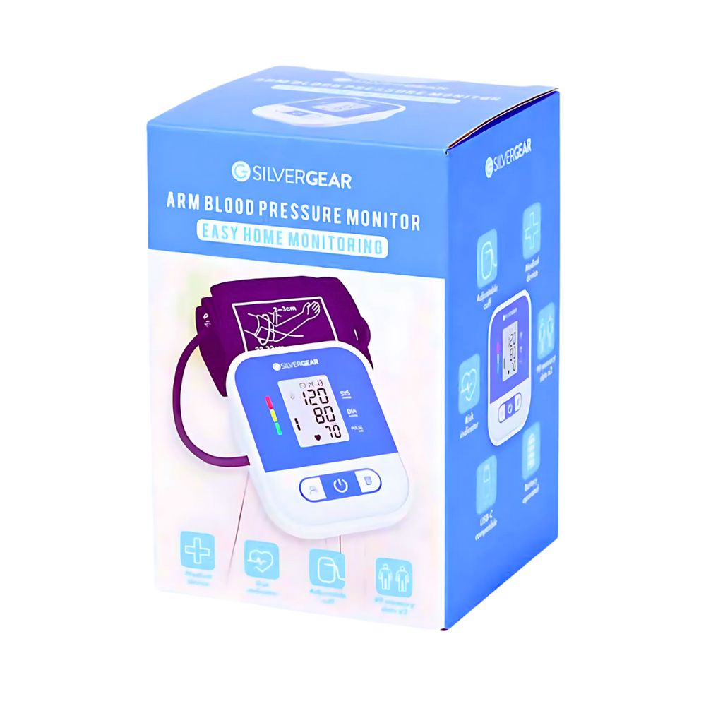 Verpackung des Silvergear Oberarm-Blutdruckmessgeräts mit Produktabbildung und Funktionen.