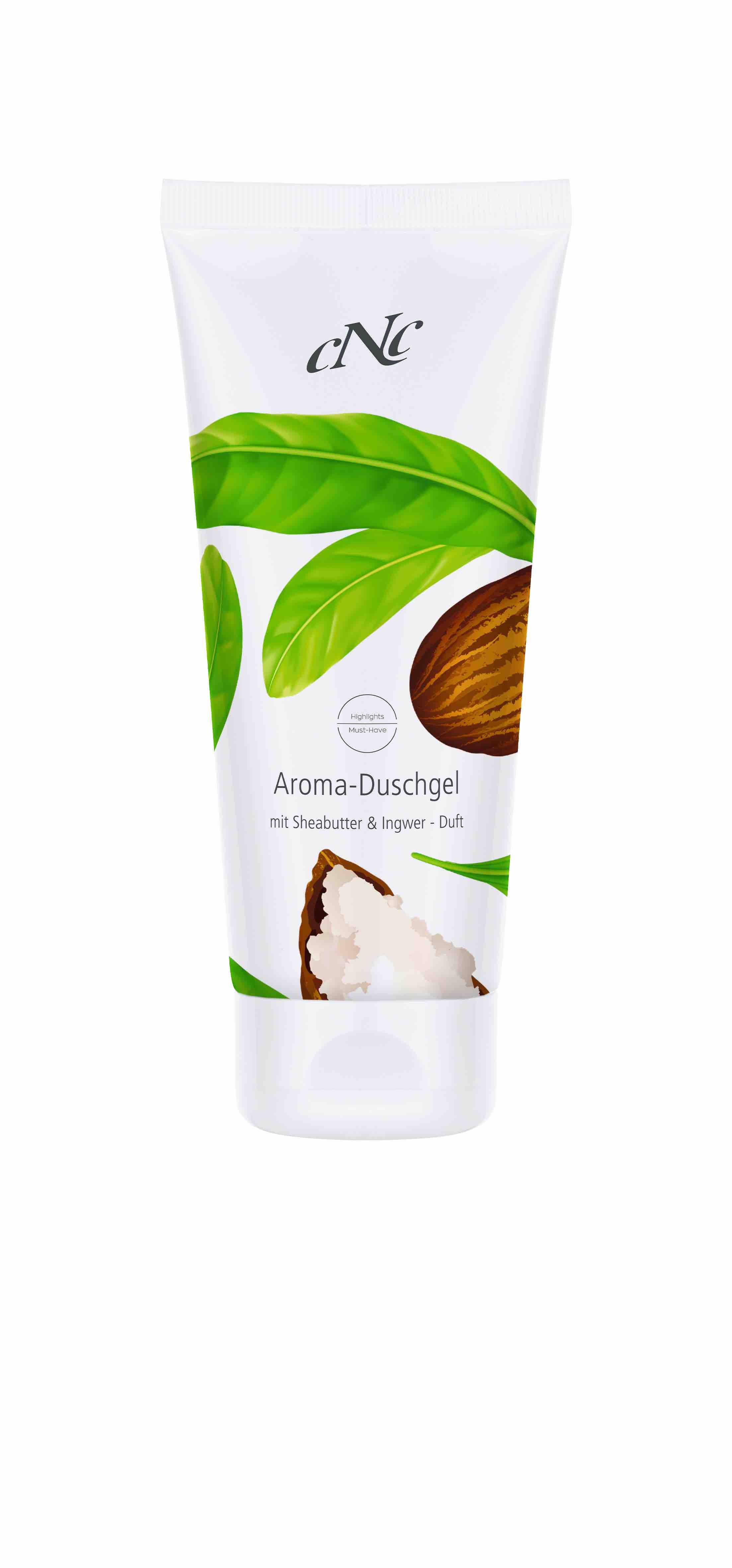Weißes Tube-Duschgel mit grünem Blatt- und Nuss-Design. Text: Aroma-Duschgel mit Sheabutter & Ingwer-Duft. Marke: cNc.