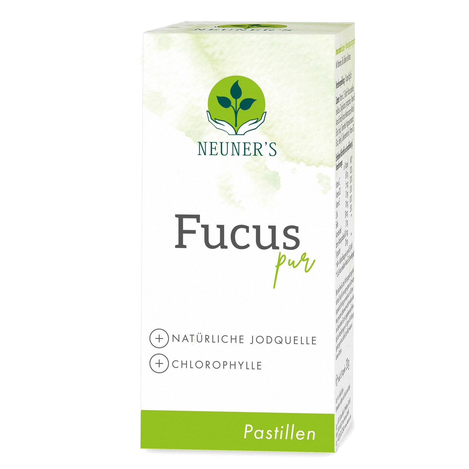 Weiße Schachtel mit grünem Logo und Schriftzug. Enthält "Fucus pur Pastillen". Zusätze: natürliche Jodquelle, Chlorophylle.