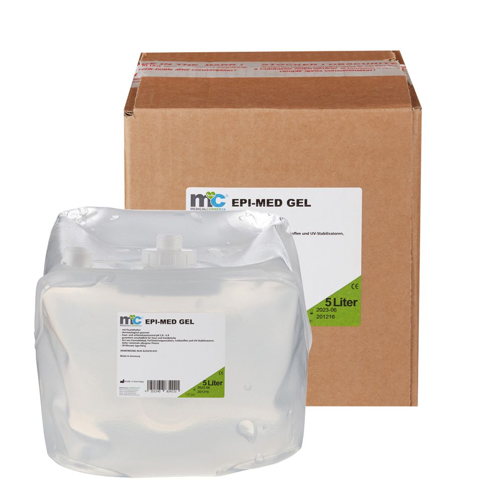 5-Liter-Kanister EPI-MED GEL neben einem Karton.