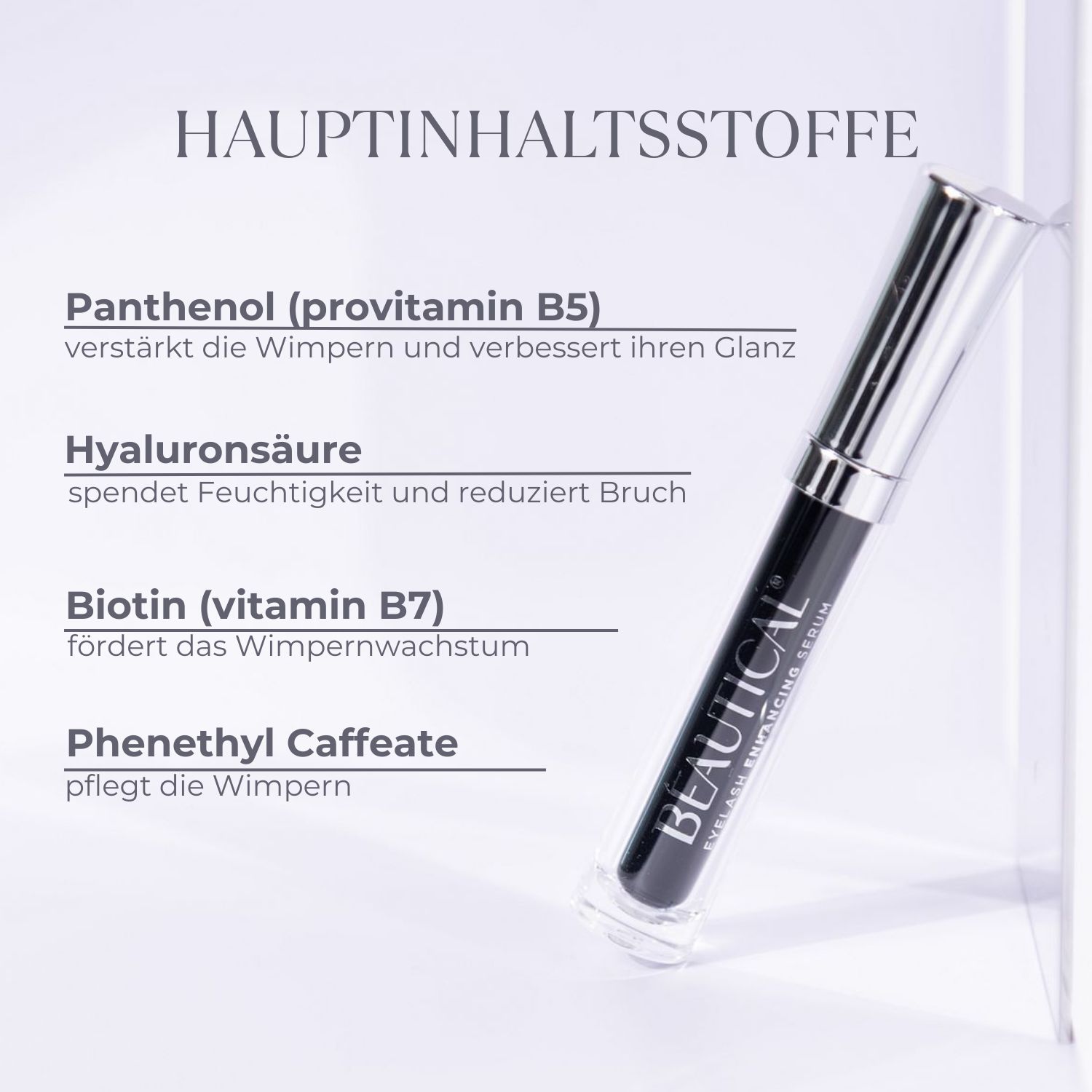 BEAUTICAL Wimpernserum. Schwarze Flasche mit Applikator. Silberner Deckel. Inhaltsstoffe.