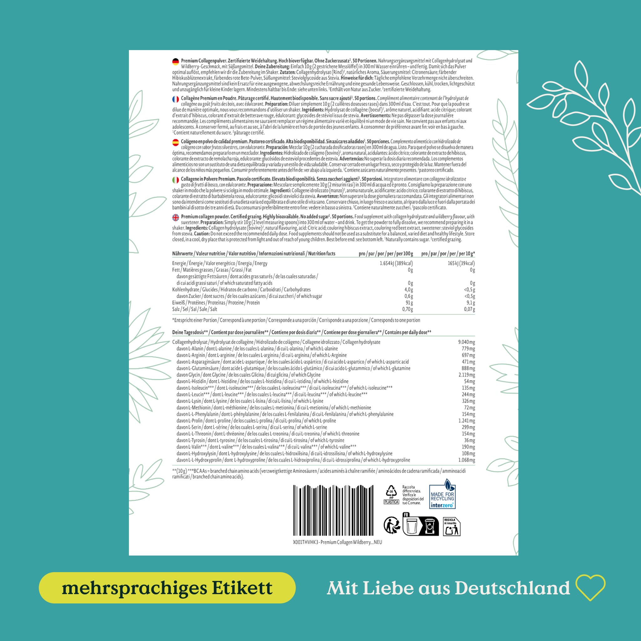 NATURE LOVE® Premium Collagen 500 g – Wildberry – Kollagen aus Weidehaltung - zuckerfrei