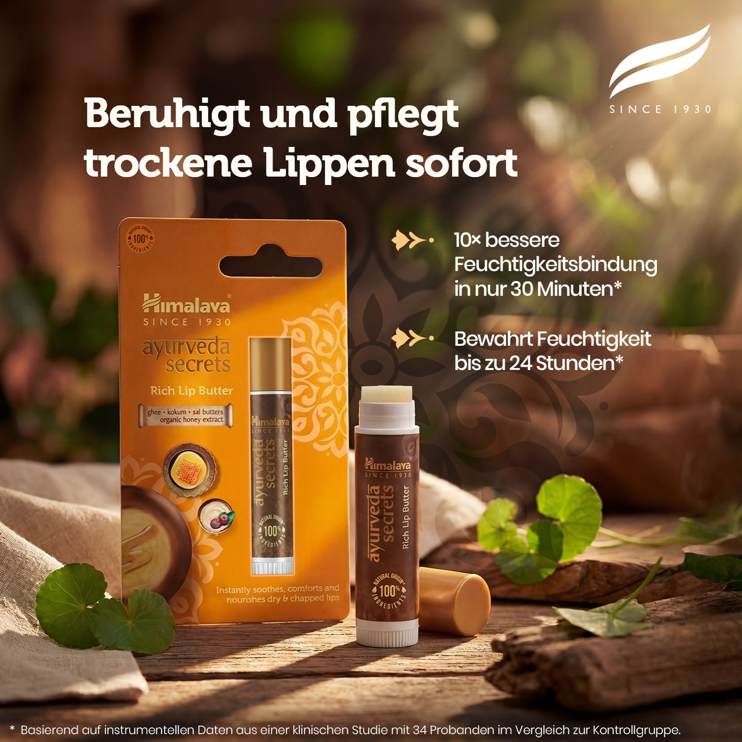 Himalaya Ayurveda Secrets Rich Lip Butter Stick und Tiegel auf Holzoberfläche, umgeben von Naturmaterialien.