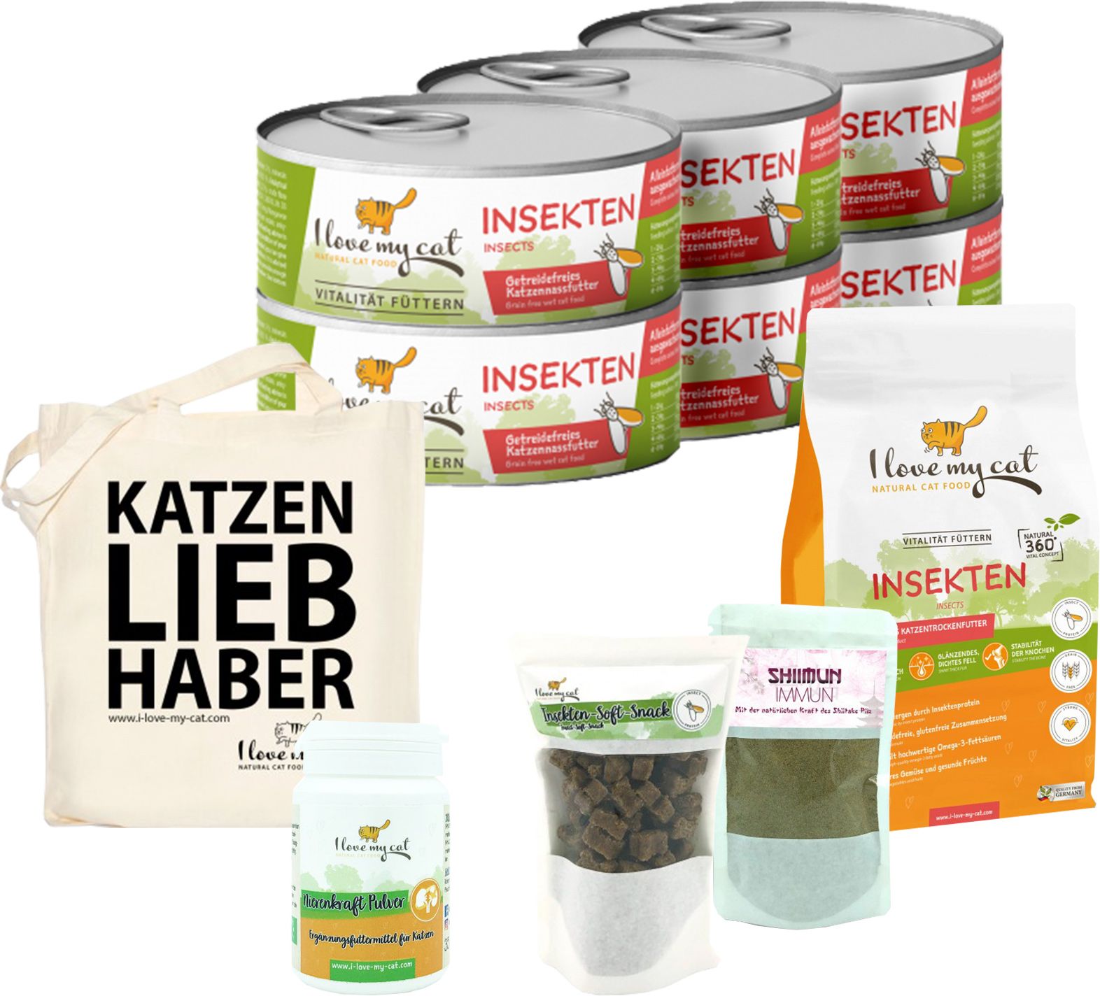 Mehrere Dosen und Beutel Trocken- und Nassfutter für Katzen. Eine Stofftasche mit Aufdruck "Katzenliebhaber".