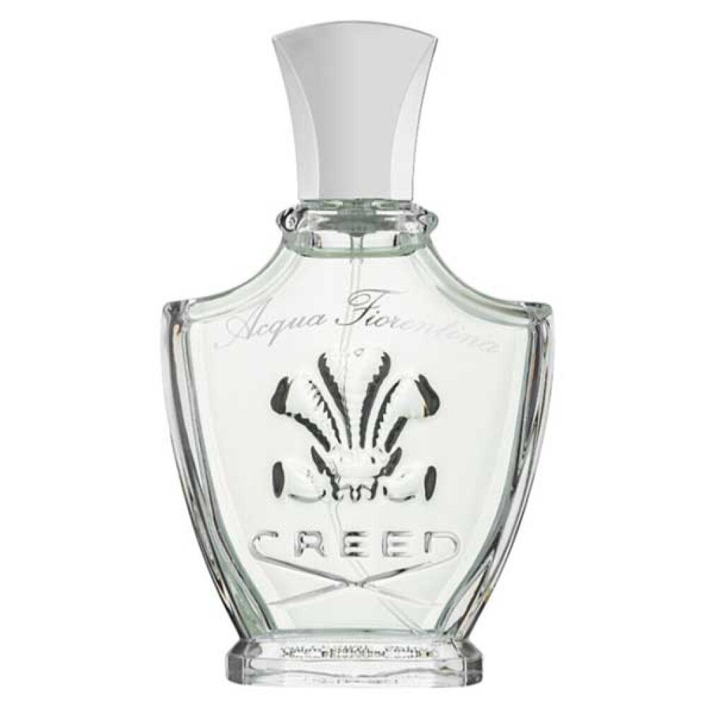Parfümflasche. Flasche mit silbernem Verschluss, Schriftzug Acqua Fiorentina und Creed. Flakon mit floralem Design.