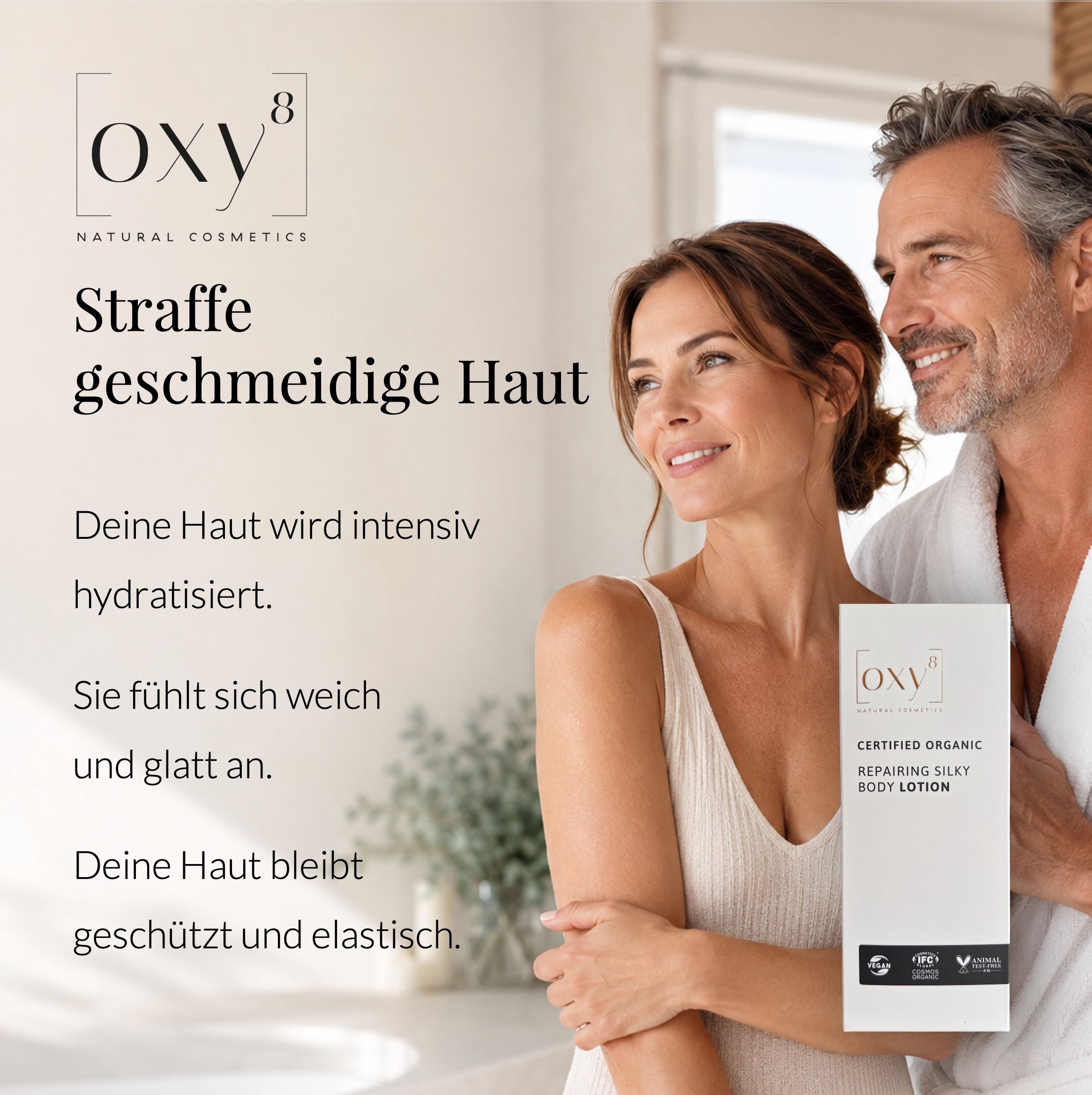 Nahaufnahme einer Frau mit Pflanzen. Text: Deine Haut ist Natur. Natur regeneriert sich.