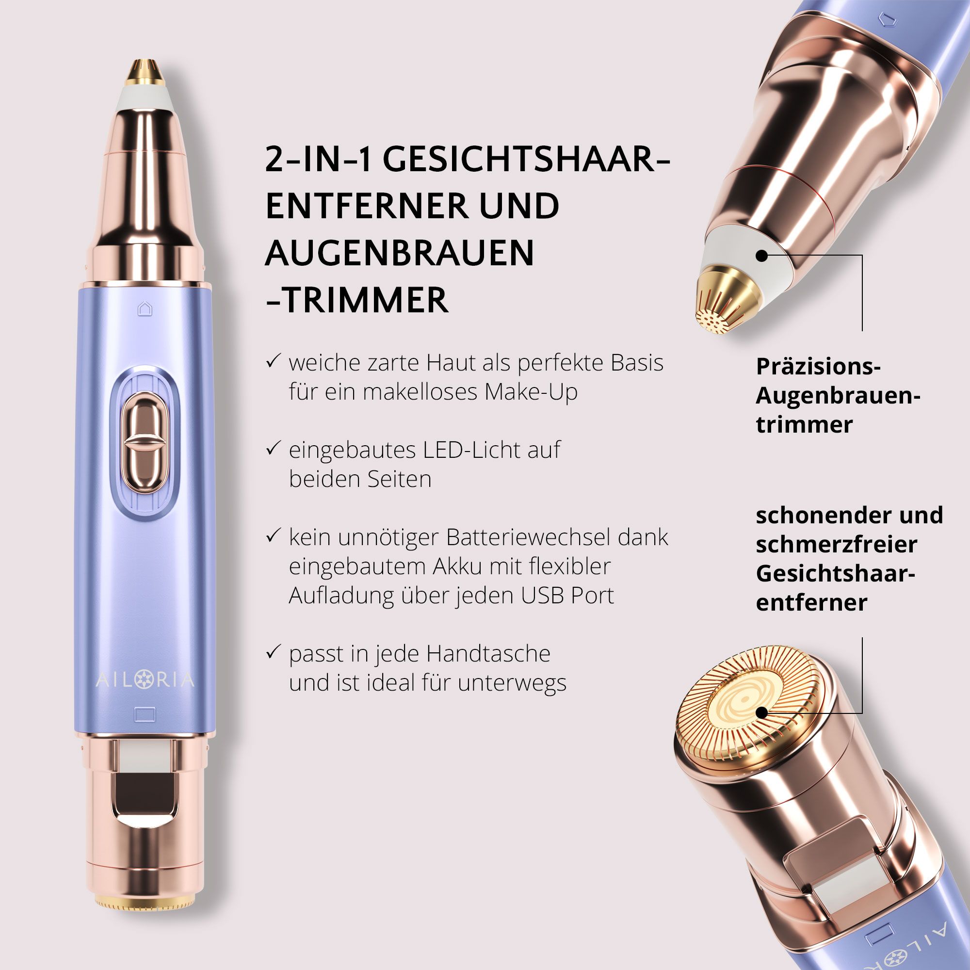 AILORIA LIBERTY 2in1 Lipstick Rasierer. Lila-goldfarben. Text: 2-IN-1 GESICHTSHAAR-ENTFERNER UND AUGENBRAUEN-TRIMMER. Zwei Aufsätze.