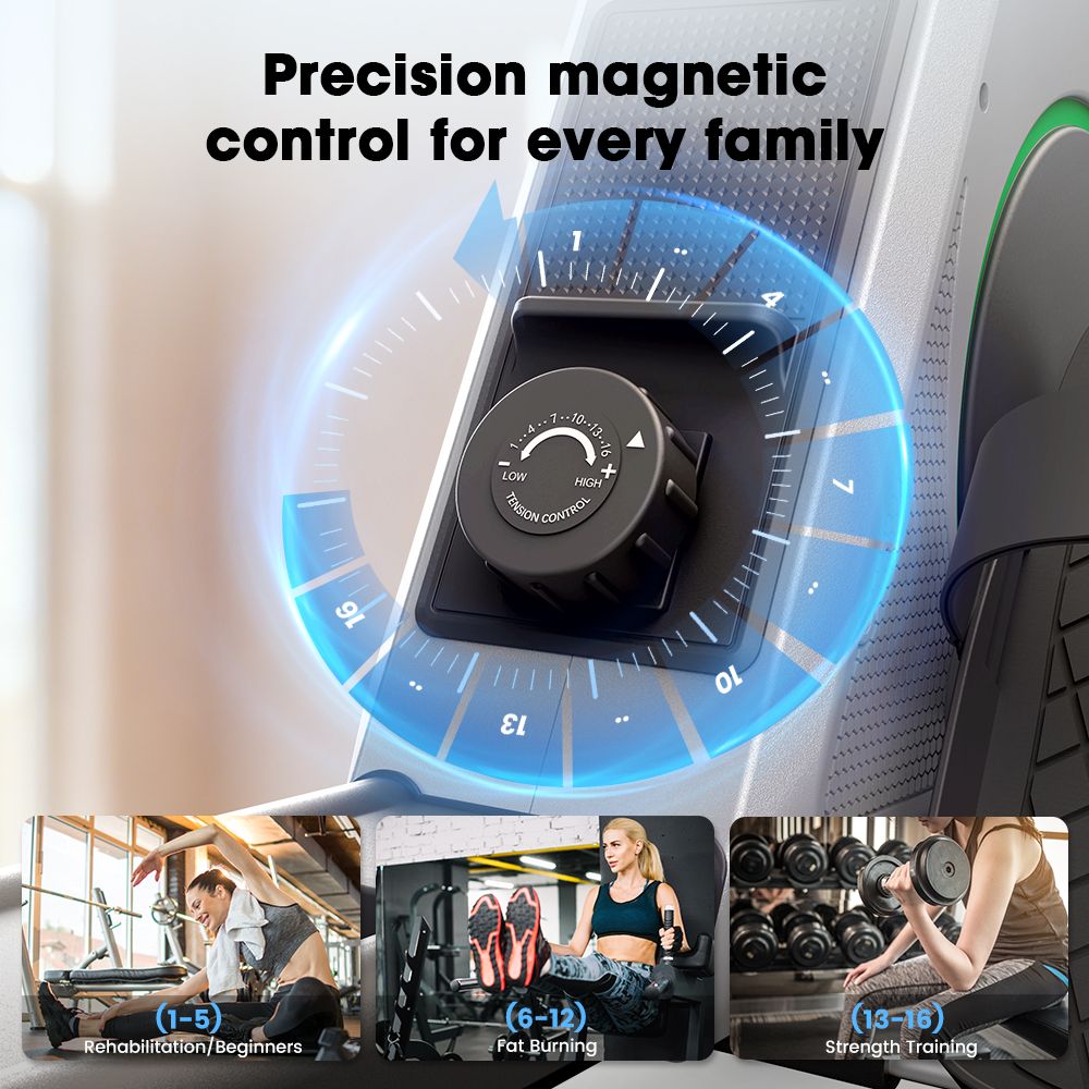 Nahaufnahme des Widerstandsreglers. Schwarzer Drehregler mit Zahlen. Text: Precision magnetic control for every family.