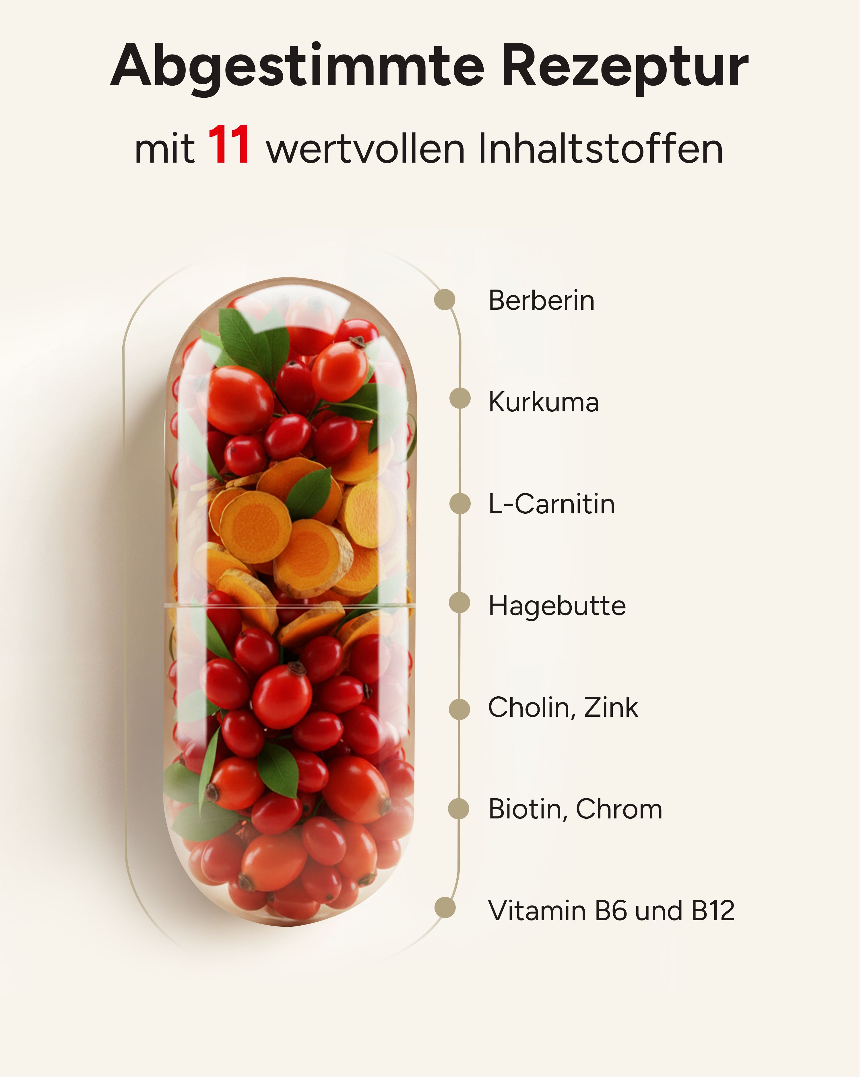 Kapsel mit Inhaltsstoffen: Berberin, Kurkuma, L-Carnitin, Hagebutte, Cholin, Zink, Biotin, Chrom, Vitamin B6 und B12.