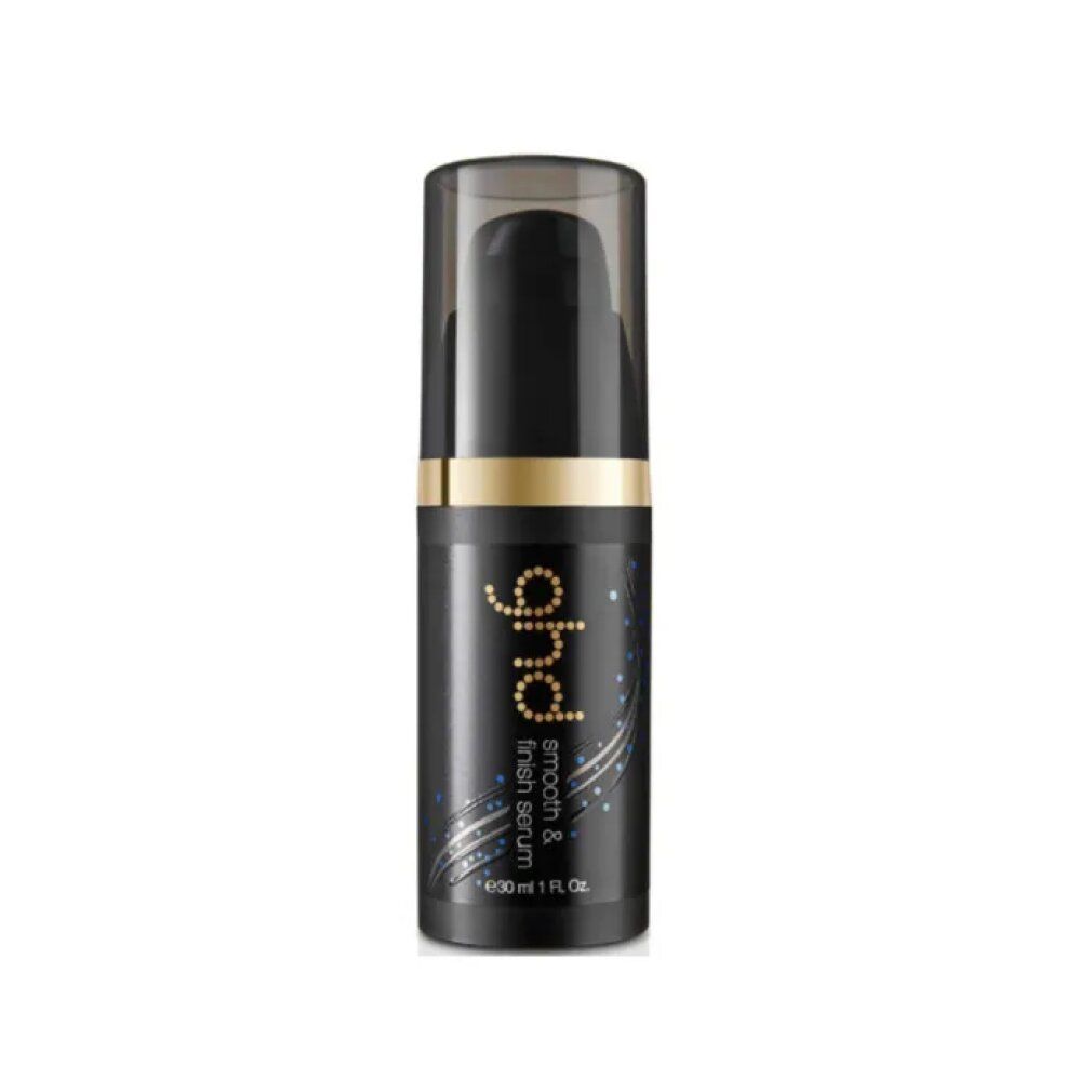 Schwarze Flasche mit goldfarbenen Akzenten. Aufschrift: ghd smooth & finish serum. Mit Dosierpumpe und Deckel. 30 ml.