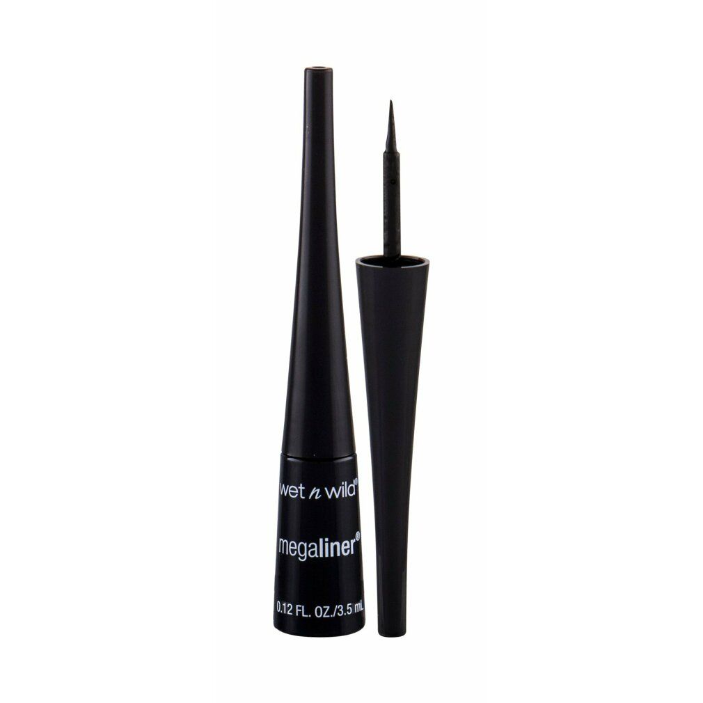 Schwarzer flüssiger Eyeliner. Flasche und Applikator. Aufschrift: Wet n Wild, Mega Liner. Schwarze Spitze.