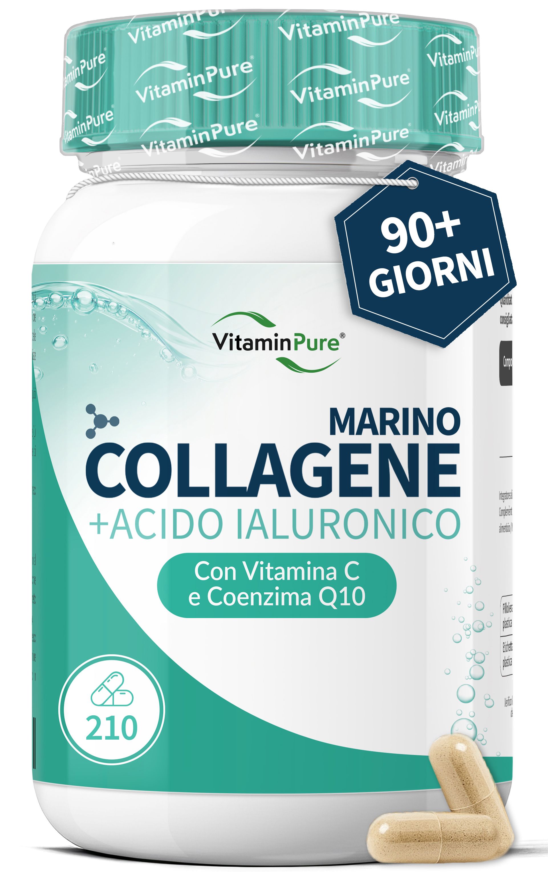 VitaminPure® Collagene Marino e Acido Ialuronico, Vitamina C e Coenzima Q10 | 210 Capsule