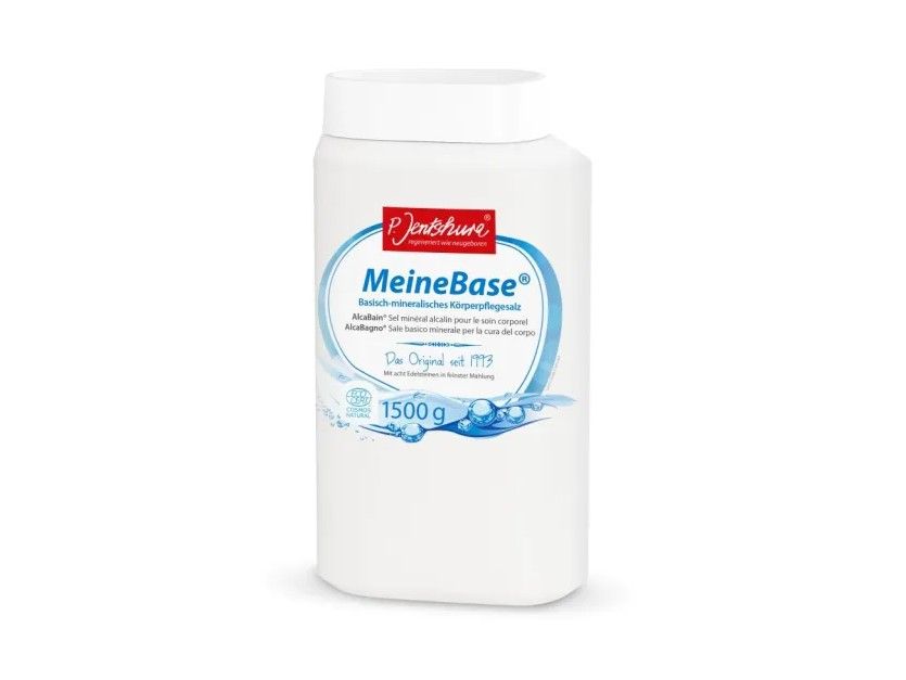 Weißer Behälter mit weißem Deckel. Aufkleber mit Produktnamen, Logo und Text. Aufschrift: 1500 g.