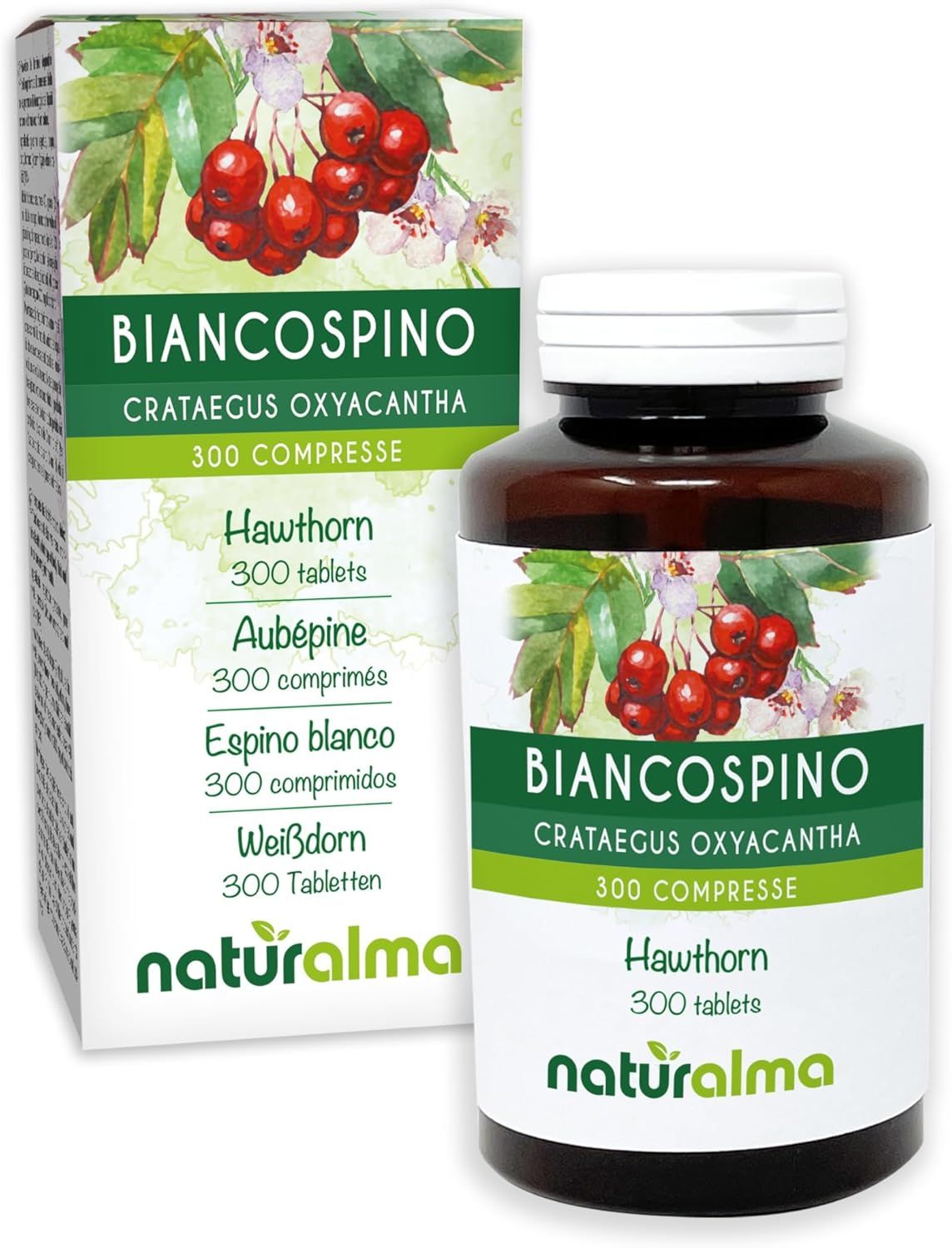 Produktverpackung und Flasche. Text: Biancospino Crataegus oxyacantha Tabletten. 300 Tabletten. Naturalma Logo.