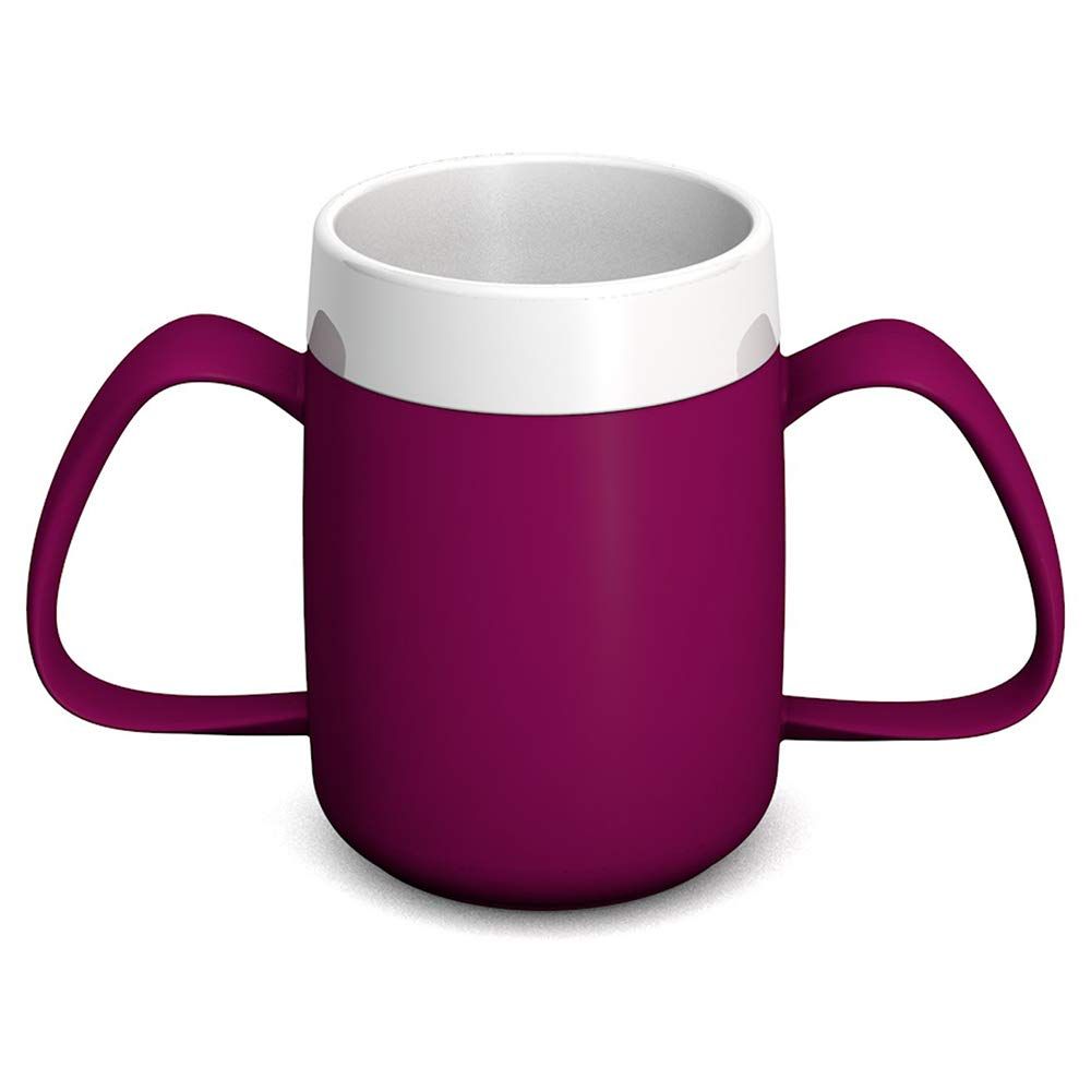 Becher mit zwei Henkeln, weiß-lila, mit Trinkaufsatz. Oberteil weiß, Unterteil lila. Zwei Henkel.