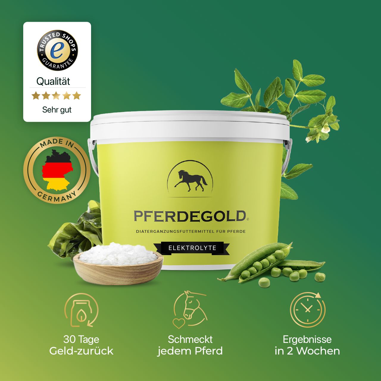 Eimer Pferdegold Elektrolyte, gelb. Siegel: Made in Germany, Trusted Shops. Schüssel mit Salz, Erbsen, Blätter.