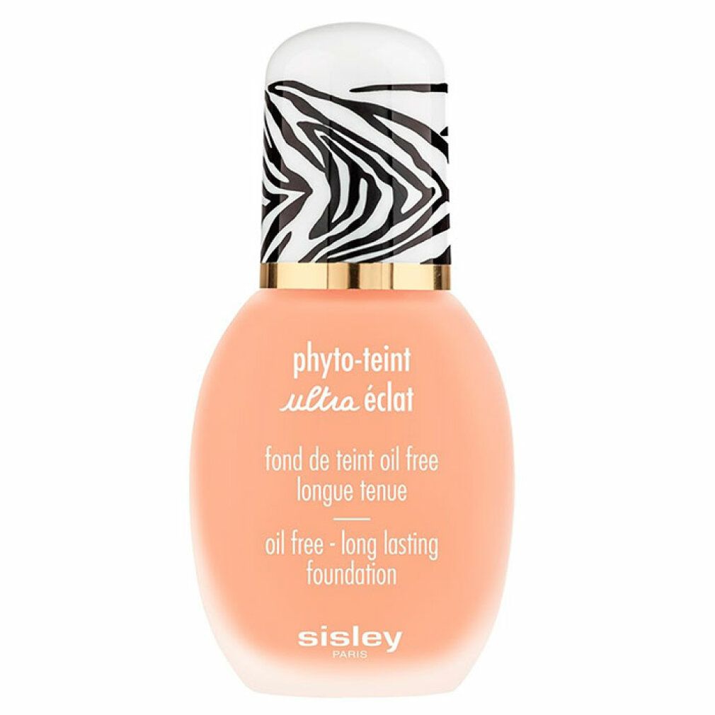 Sisley Phyto-Teint Ultra Eclat. Flasche mit Zebra-Muster-Deckel. Text: Oil free - long lasting foundation.