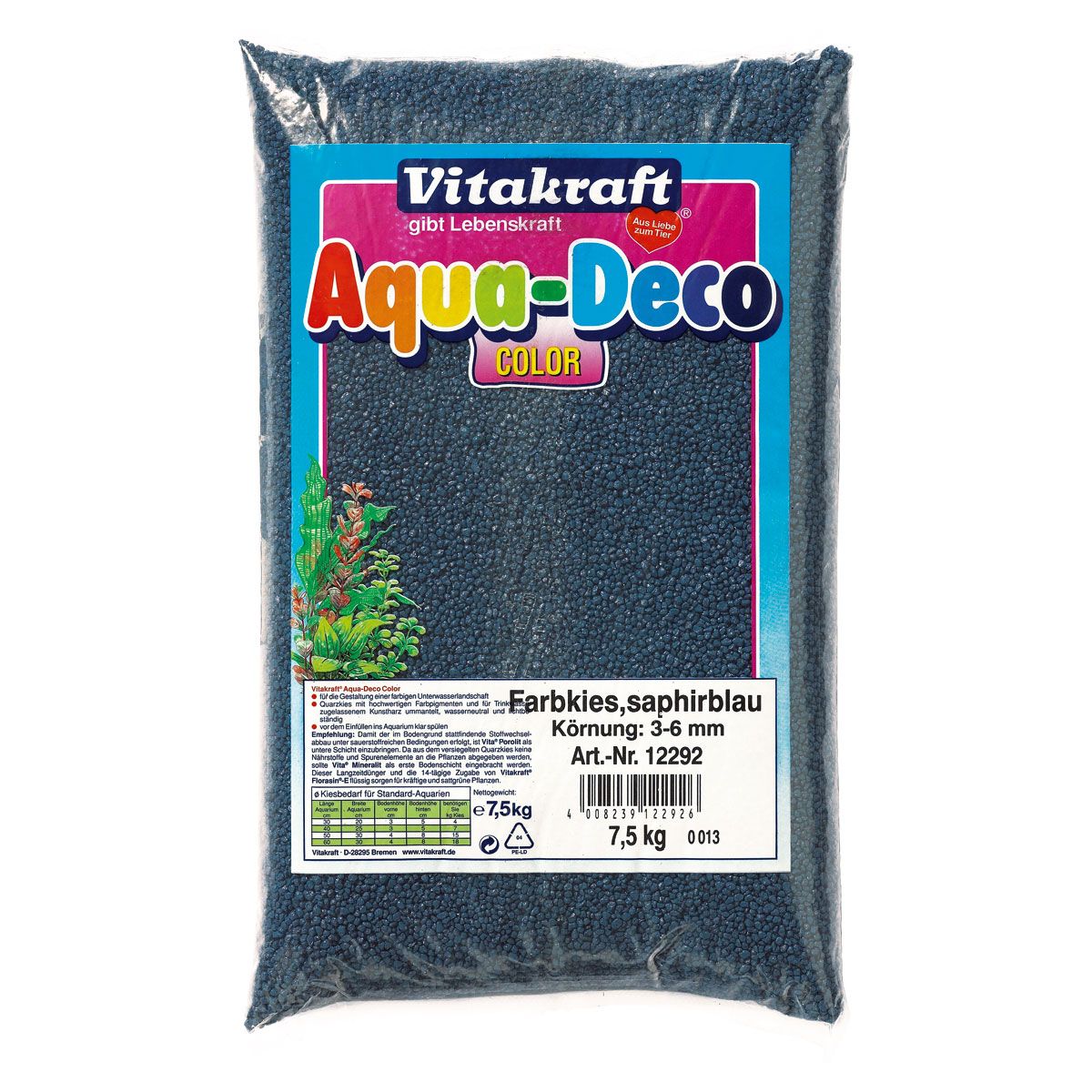 Beutel mit Aqua-Deco Farbkies, saphirblau. Körnung 3-6 mm. Enthält 7,5 kg. Marke Vitakraft.