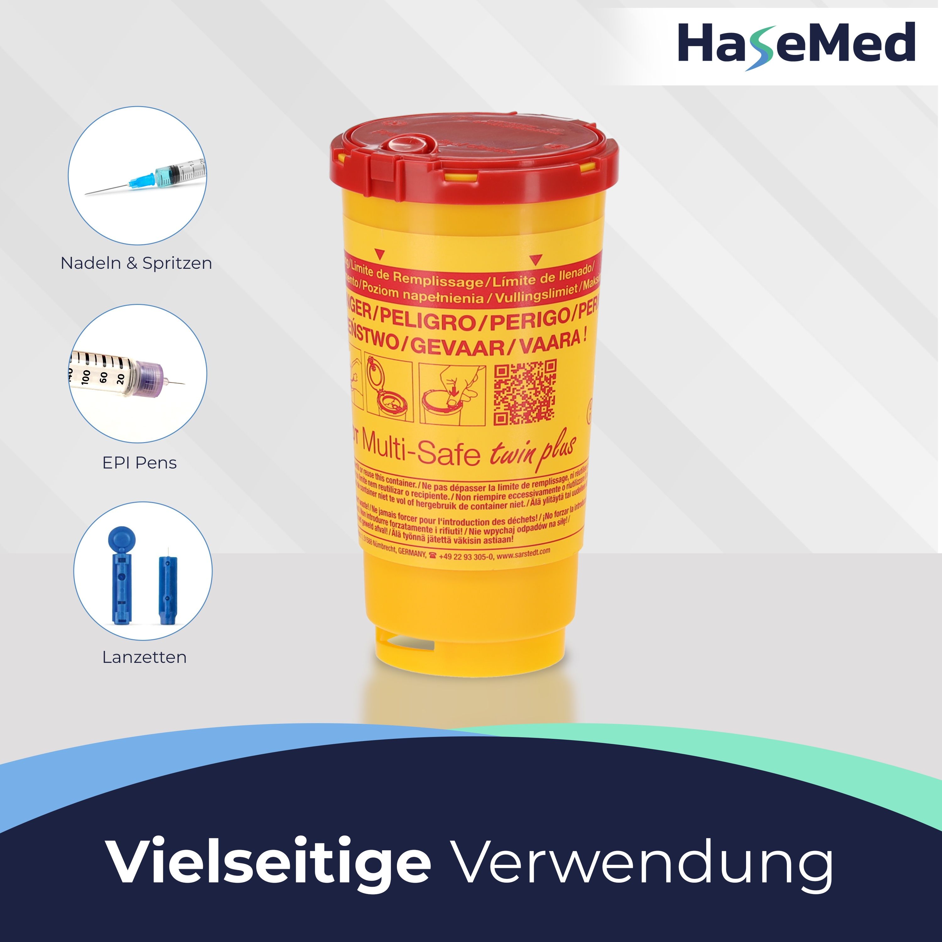 Gelber Kanülensammler mit rotem Deckel. Abgebildet: Nadeln, Spritzen, Epi-Pens, Lanzetten. Marke HaseMed.