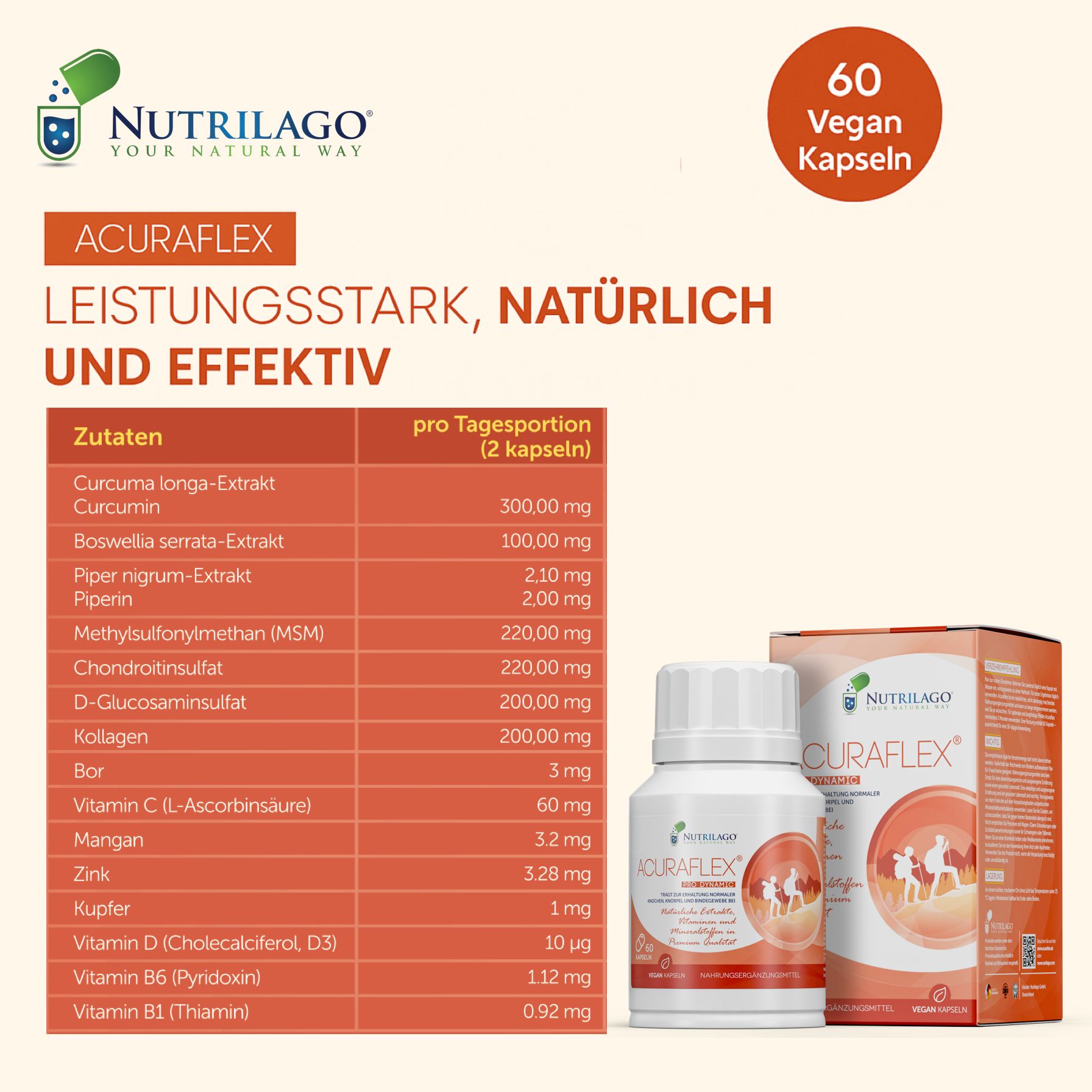 Nutrilago® ACURAFLEX Pro Dynamic - Nahrungsergänzung für Gelenke, Knorpel und MEHR BEWEGLICHKEIT