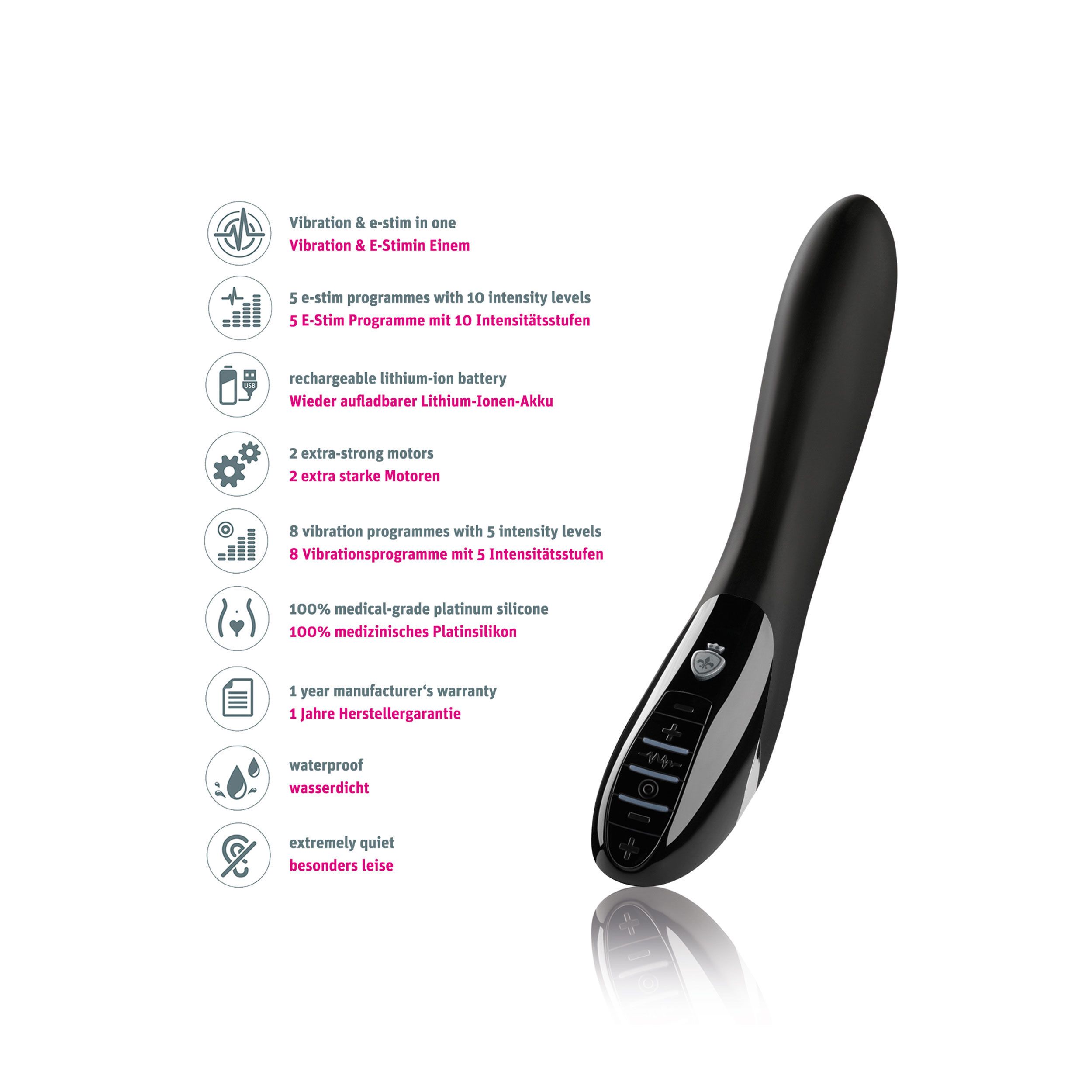 Wellness-Produkt mit Informationen. 8 Vibrationsprogramme, 5 Intensitätsstufen. Wiederaufladbar. Wasserdicht. Garantie.