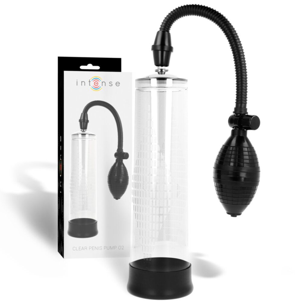 Intense Penis-Pumpe mit Verpackung. Transparenter Zylinder, schwarze Basis und Pumpe. Verpackung mit Produktabbildung.