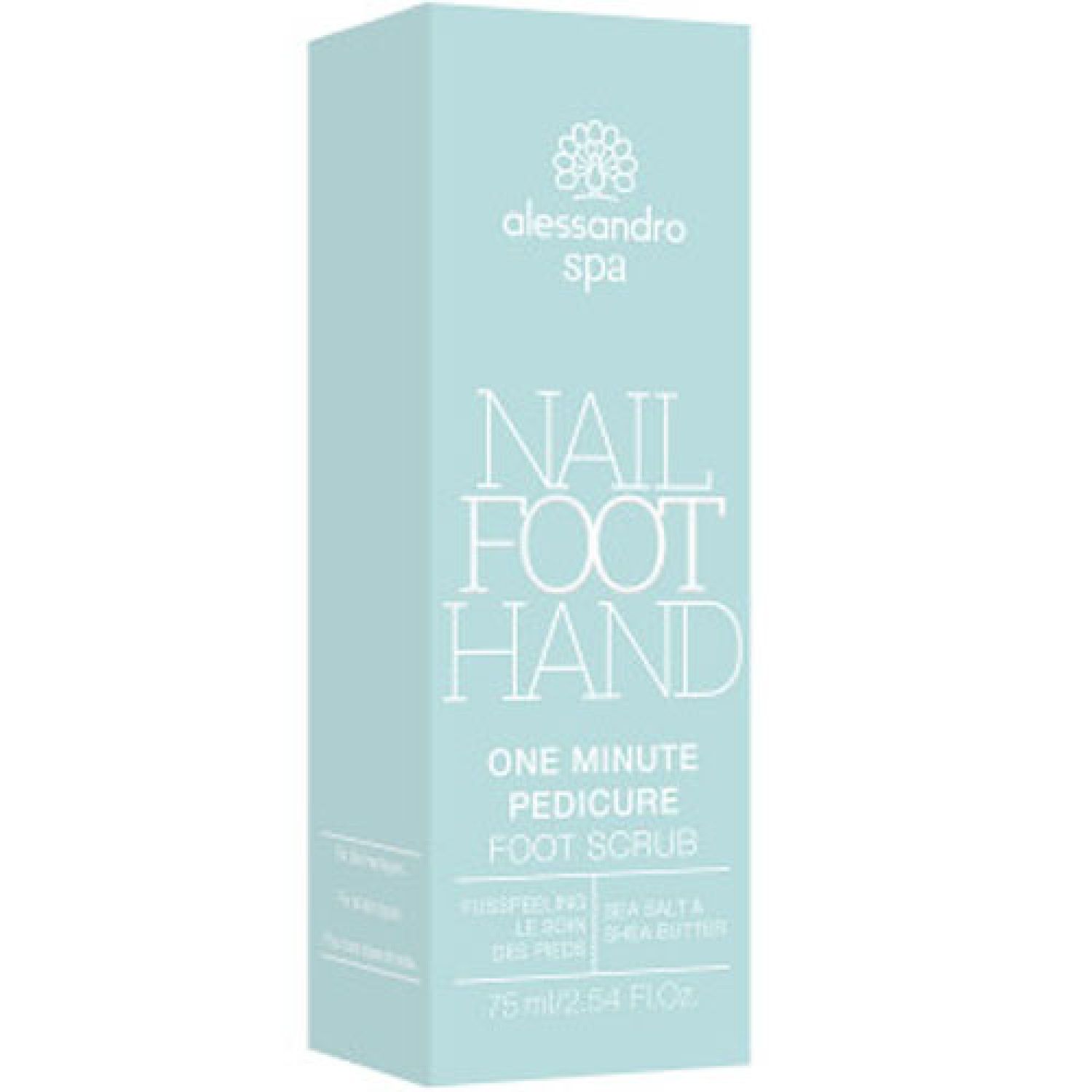 Hellblaues Produkt. Aufschrift: Alessandro spa, Nail Foot Hand, One Minute Pedicure Foot Scrub. Volumen: 75 ml.