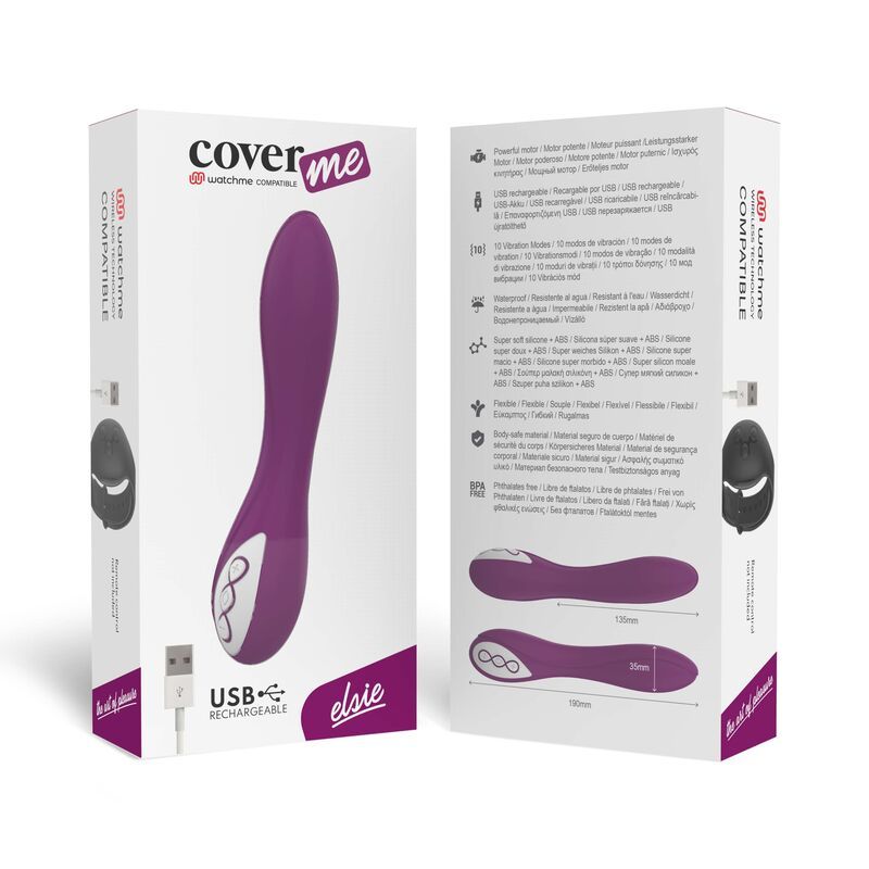 Produktverpackung. Lila Vibrator und Fernbedienung. Text: Coverme, Elsie, USB Rechargeable.