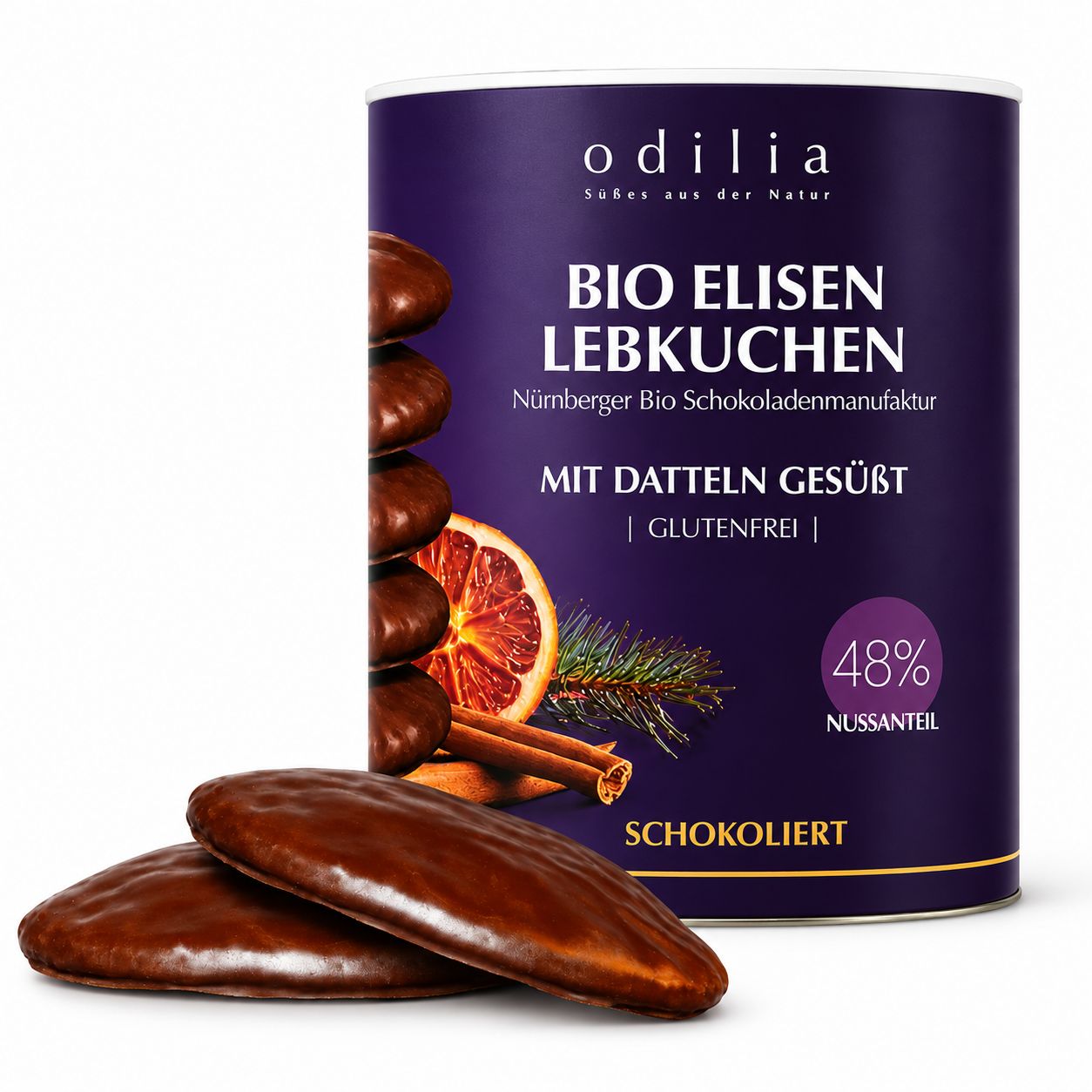 Odilia Bio Elisen Lebkuchen, schokolierte Nürnberger Lebkuchen mit 48% Nussanteil, glutenfrei, mit Datteln gesüßt.