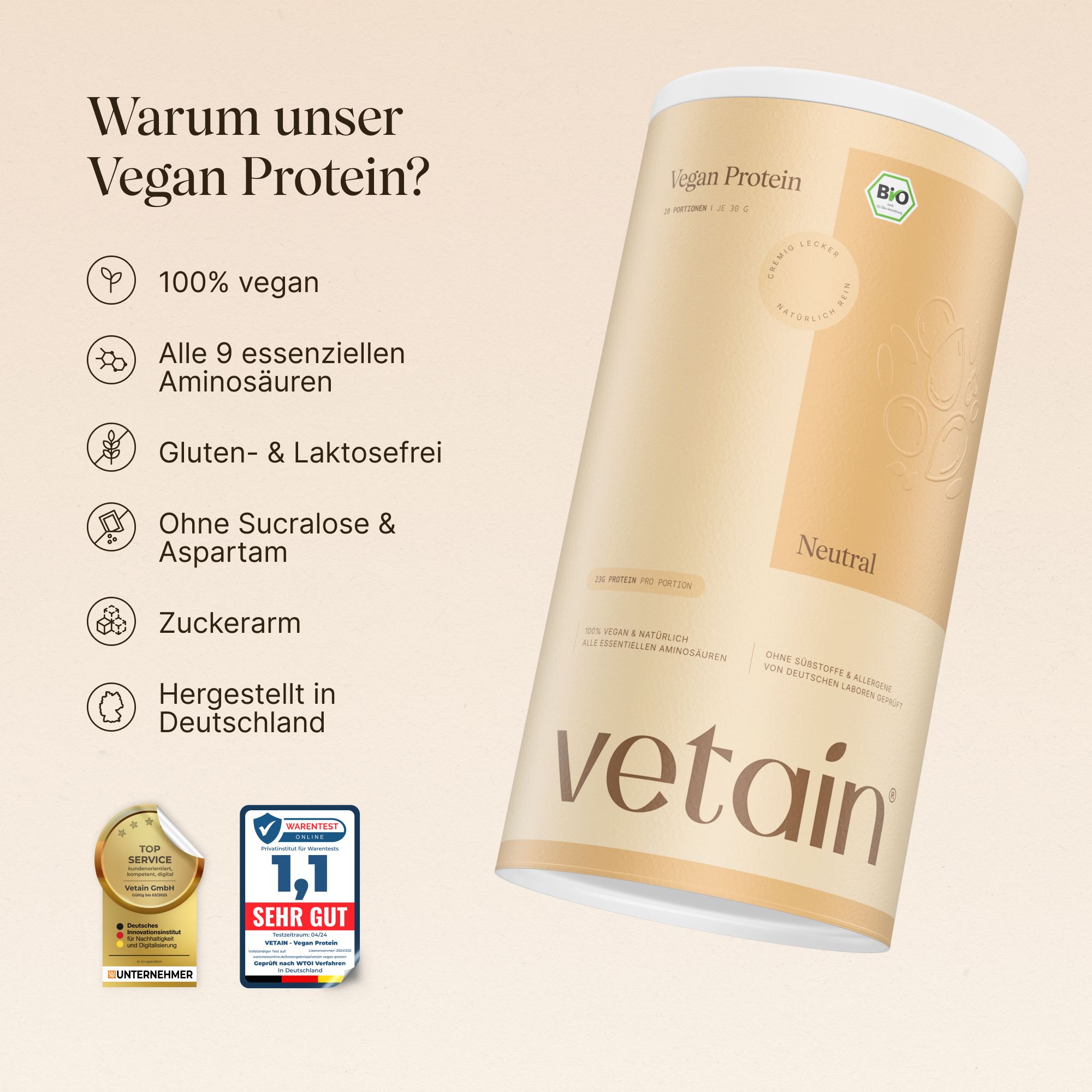 Dose Vegan Protein, Neutral. Aufschrift VETAIN. Logos und Testurteil. Text: 100% vegan, ohne Zucker.