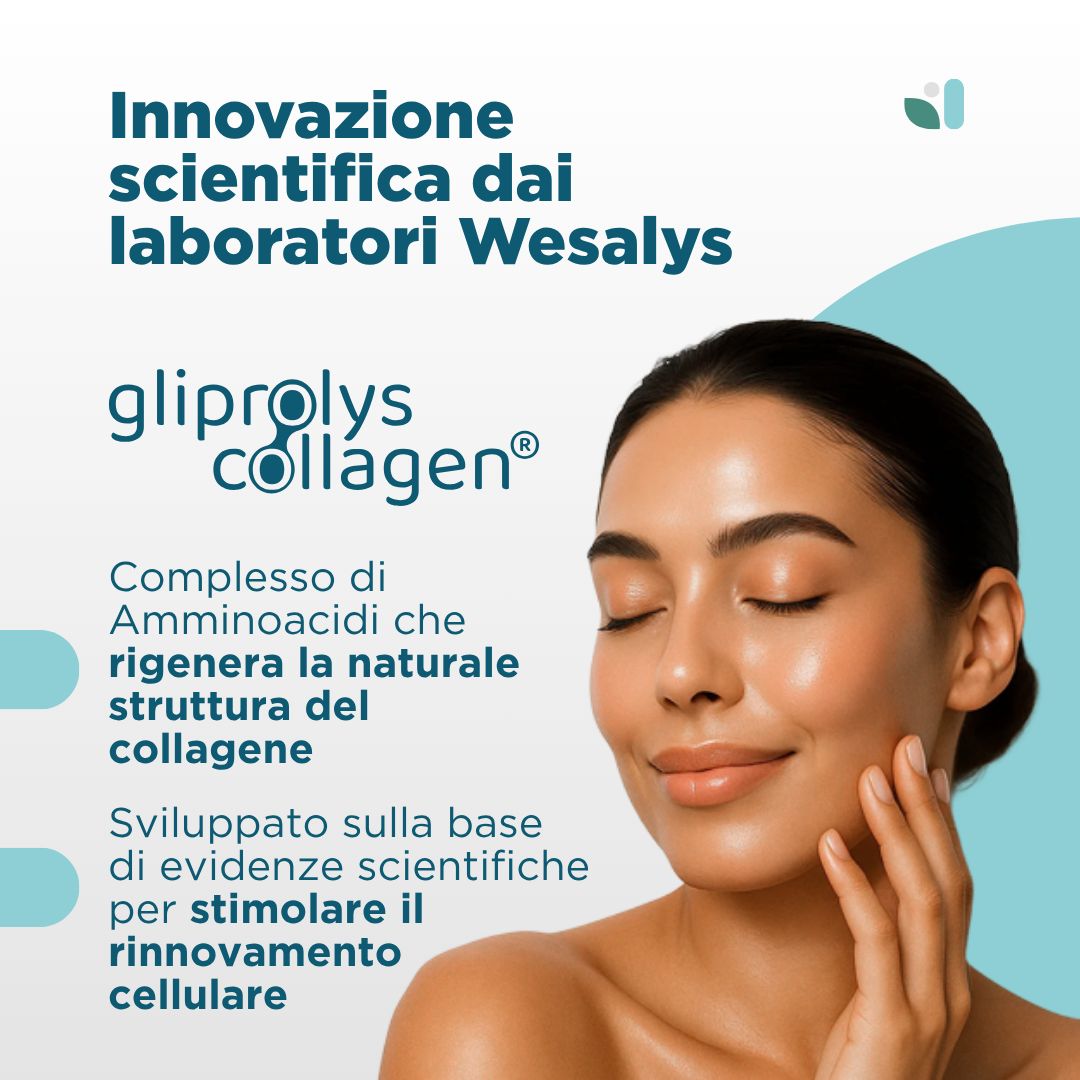 Frau berührt ihr Gesicht. Text: gliprolys collagen®, Komplex von Aminosäuren, Innovation.