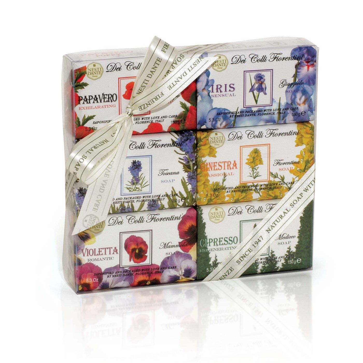 Geschenkset mit sechs Seifen. Jede Seife zeigt eine Blume und den Namen. Mit Schleife verpackt.