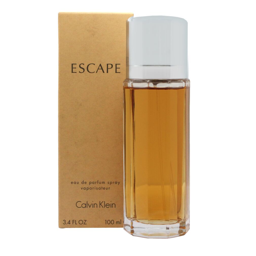 Parfümflakon und Karton. Flakon mit weißem Deckel, goldfarbenem Inhalt. Karton mit "ESCAPE" und "Calvin Klein" Schriftzug.