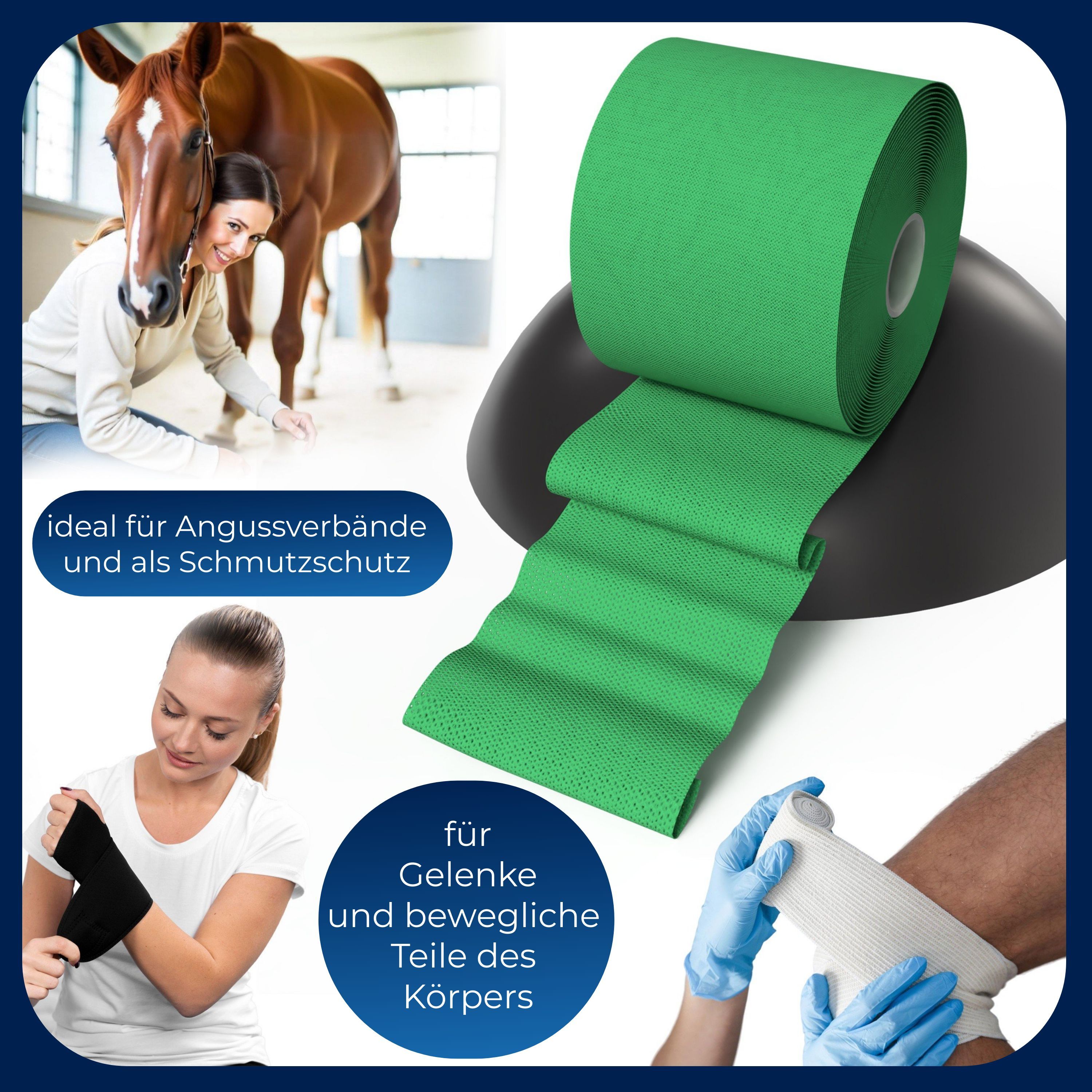 Bilder: Pferd, Person mit Verband, Hand mit Verband. Text: 'ideal für Angussverbände und als Schmutzschutz'.