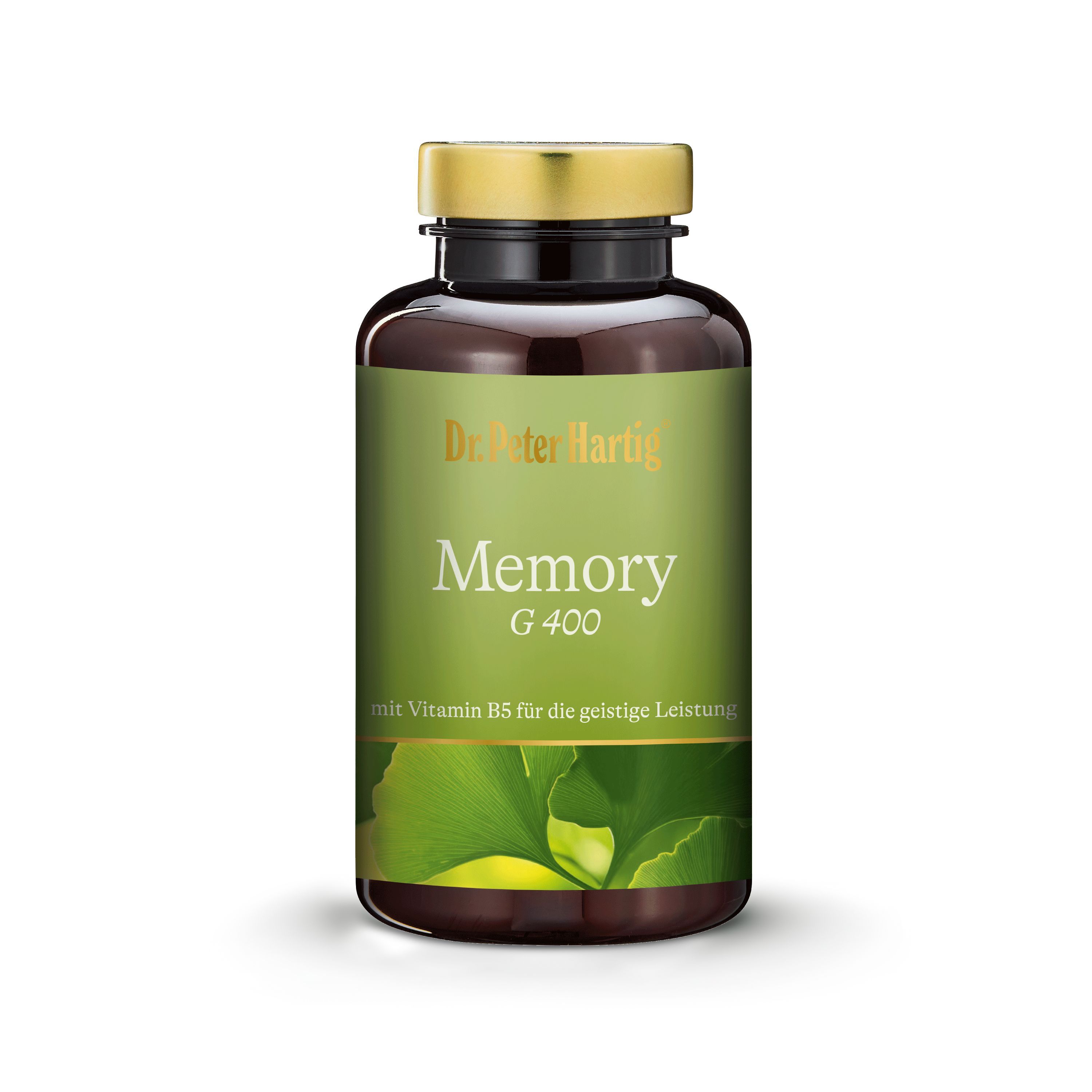 Braune Flasche mit goldfarbenem Deckel. Etikett mit "Dr. Peter Hartig Memory G 400". Enthält Vitamin B5.