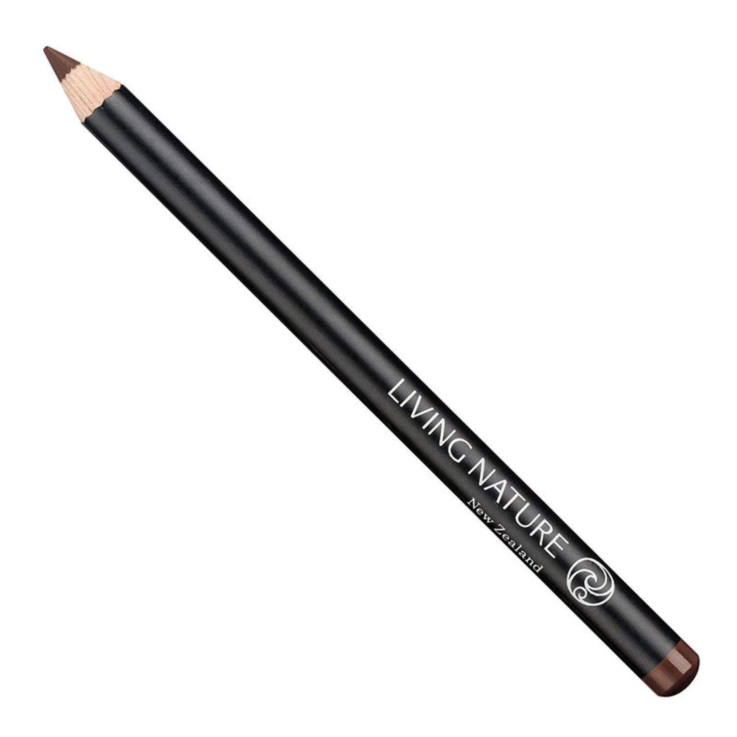 Brauner Make-up-Augenstift. Schwarzer Stift mit silberner Schrift: LIVING NATURE New Zealand. Spitze und Ende braun.