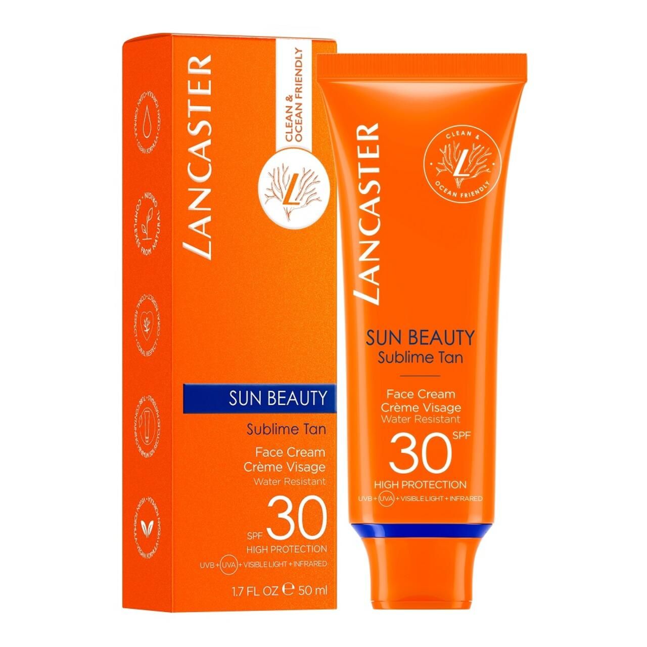 Orangefarbene Schachtel und Tube mit Lancaster-Logo, Sun Beauty, SPF 30. Text: Face Cream, Wasserfest. 1.7 FL OZ e 50 ml.